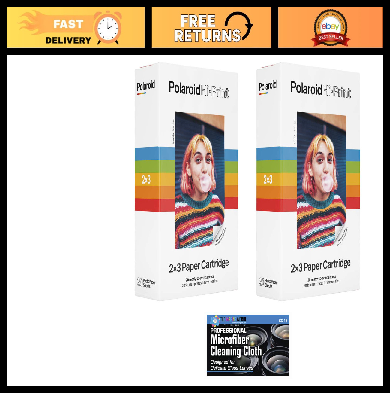 2 Pack Polaroid Hi-Print 2x3" Photo Paper Cartridges - 40 Sheets + Microfiber Cl