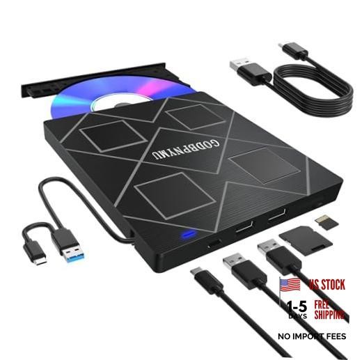 5-in-1 Extemal CD/DVD Drive for Laptop,USB 3.0 & Type-C Portable CD/DvD Rw 5in1