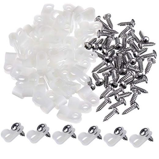 50 Pack R Type Cable Clip Wire Clamp with Screws - Nylon Screw 1/4 Inch White