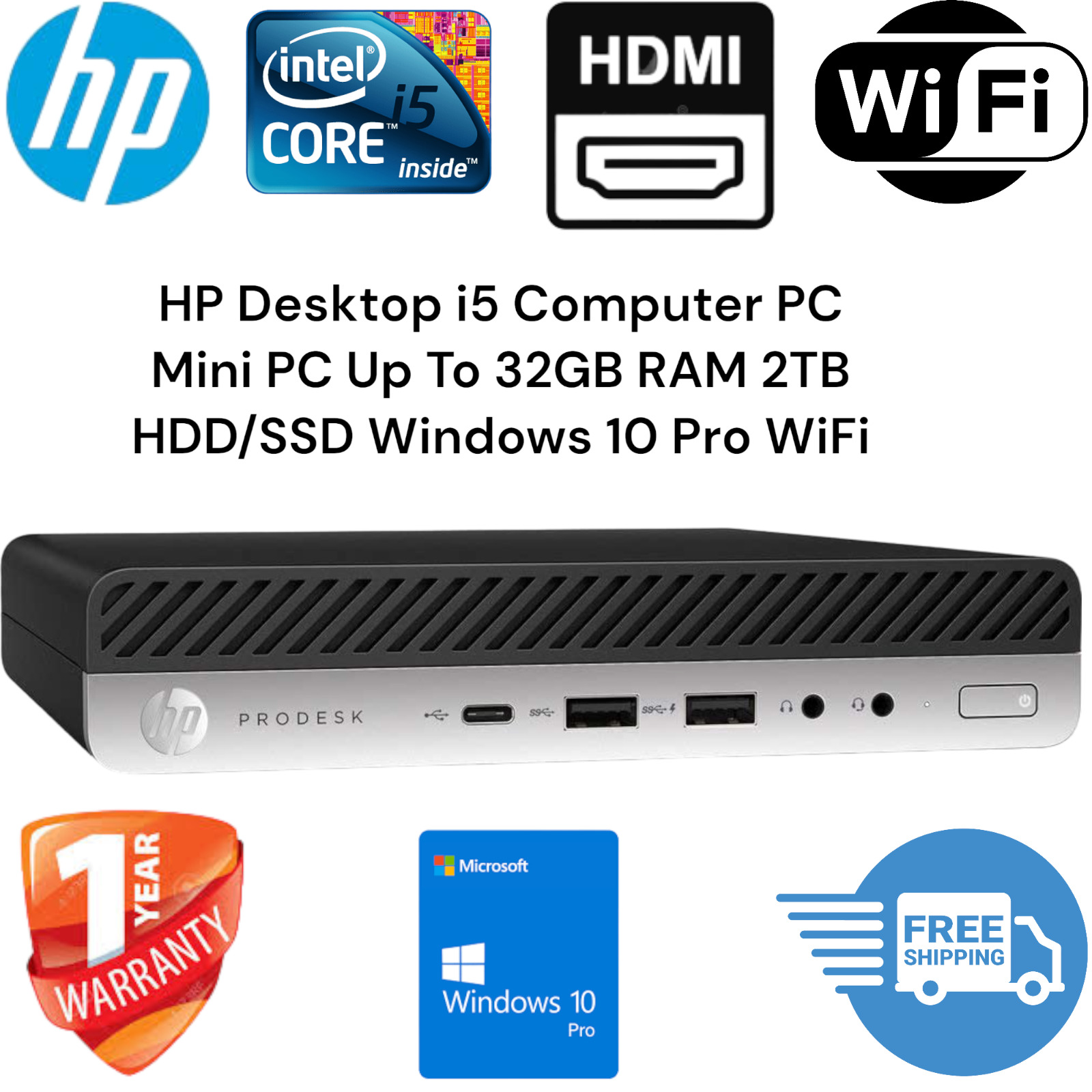 HP Desktop i5 Computer PC Mini PC Up To 32GB RAM 2TB HDD/SSD Windows 10 Pro WiFi