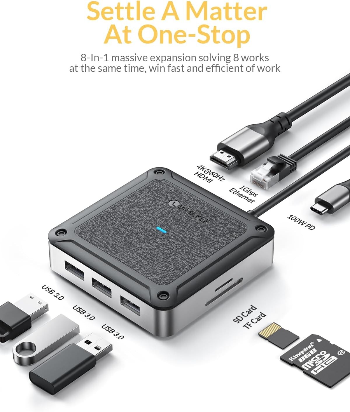 6 8 in1 USB-C Hub Multiport Docking Station Adapter 4K HDMI PD100W 1Gbp Ethernet