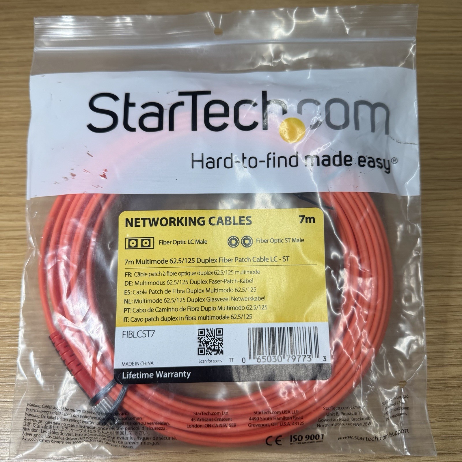 NEW StarTech FIBLCST3 - 7m Multimode 62.5/125 Duplex Fiber Patch Cable LC-ST