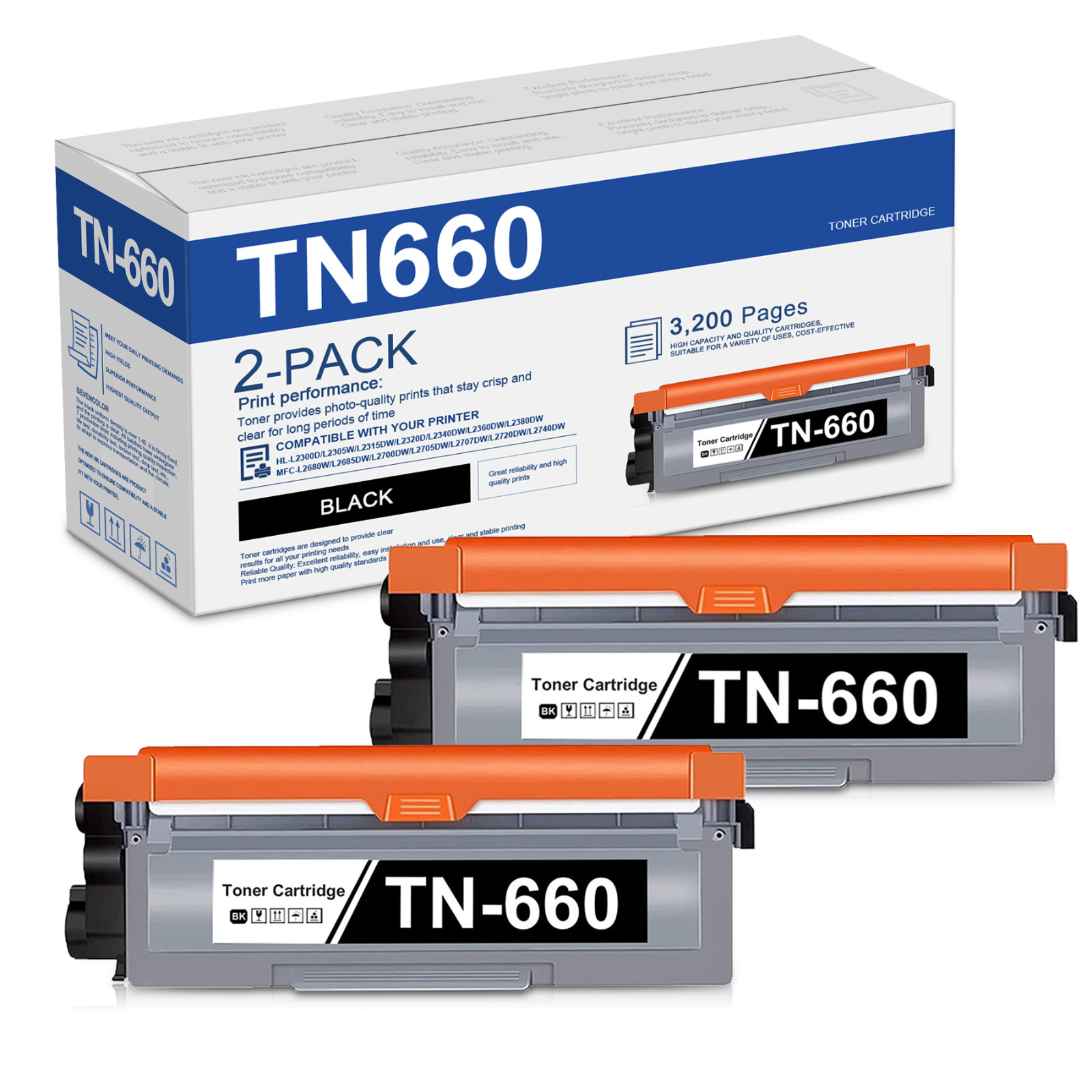 2 Black TN660 Toner Replacement For Brother HL-L2380DW MFC-L2680W DCP-L2540DW