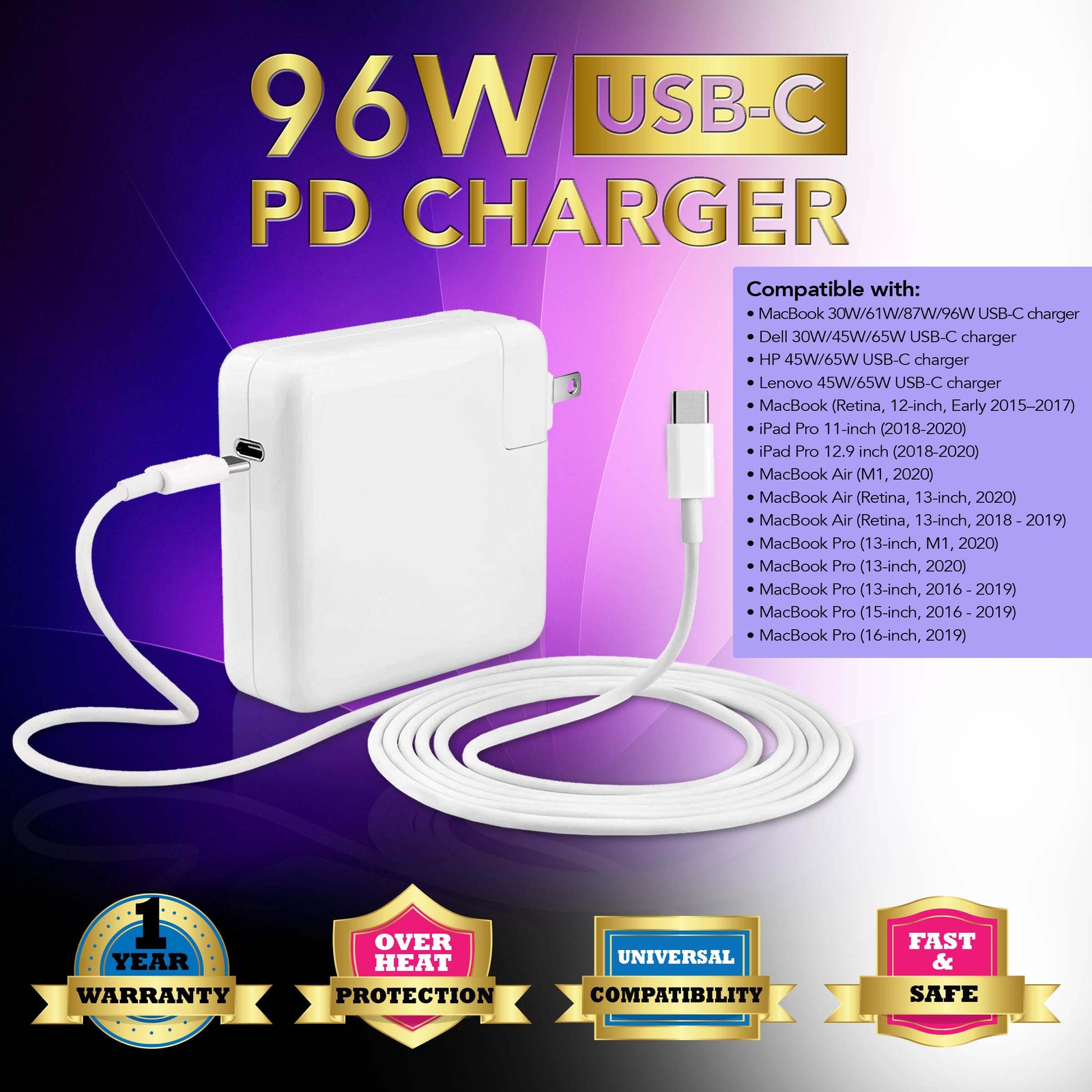 NEW 96W USB-C Power Adapter for APPLE MacBook Pro 16" 15" 13" OEM A2166 Charger