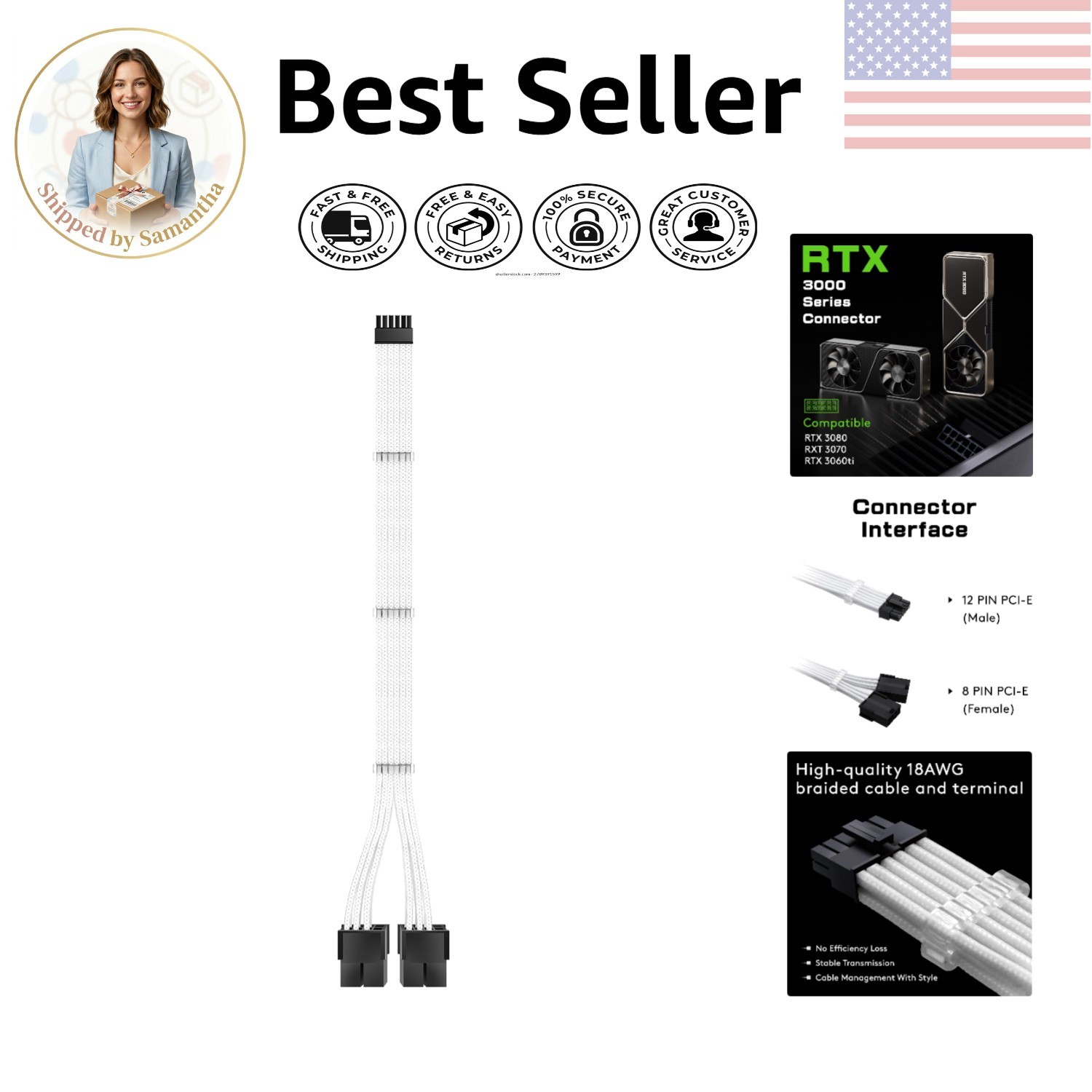 300mm Sleeved PCIe Extension Cable: 12 Pin to Dual 8 Pin for RTX 3000