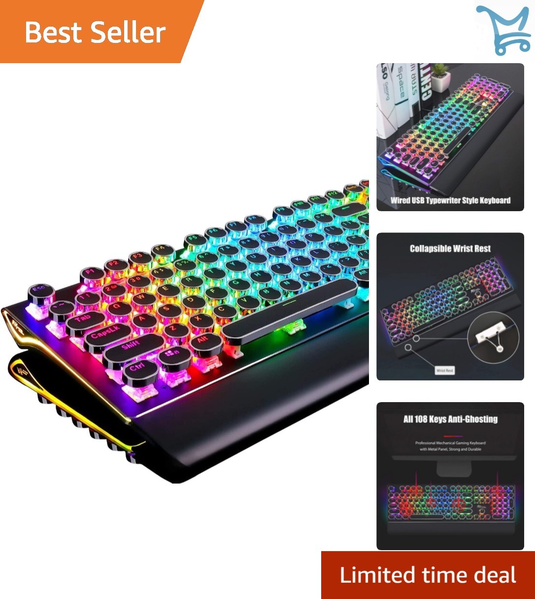 Retro Mechanical Gaming Keyboard Wired RGB Backlit Typewriter Style Black