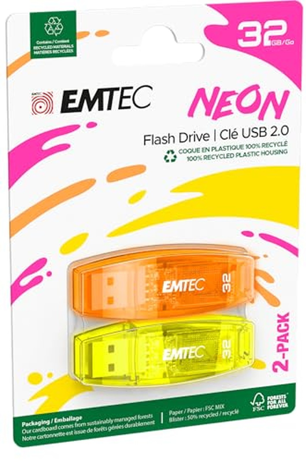 EMTEC C410 Neon 32GB Flash Drive - USB 2.0 - Transparent Neon with Cap, Pack ...
