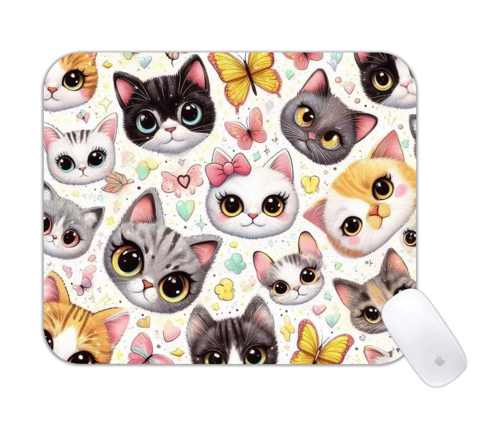 Cute Cat Faces with Butterflies Desk Mat Whimsical Gaming Mouse Pad