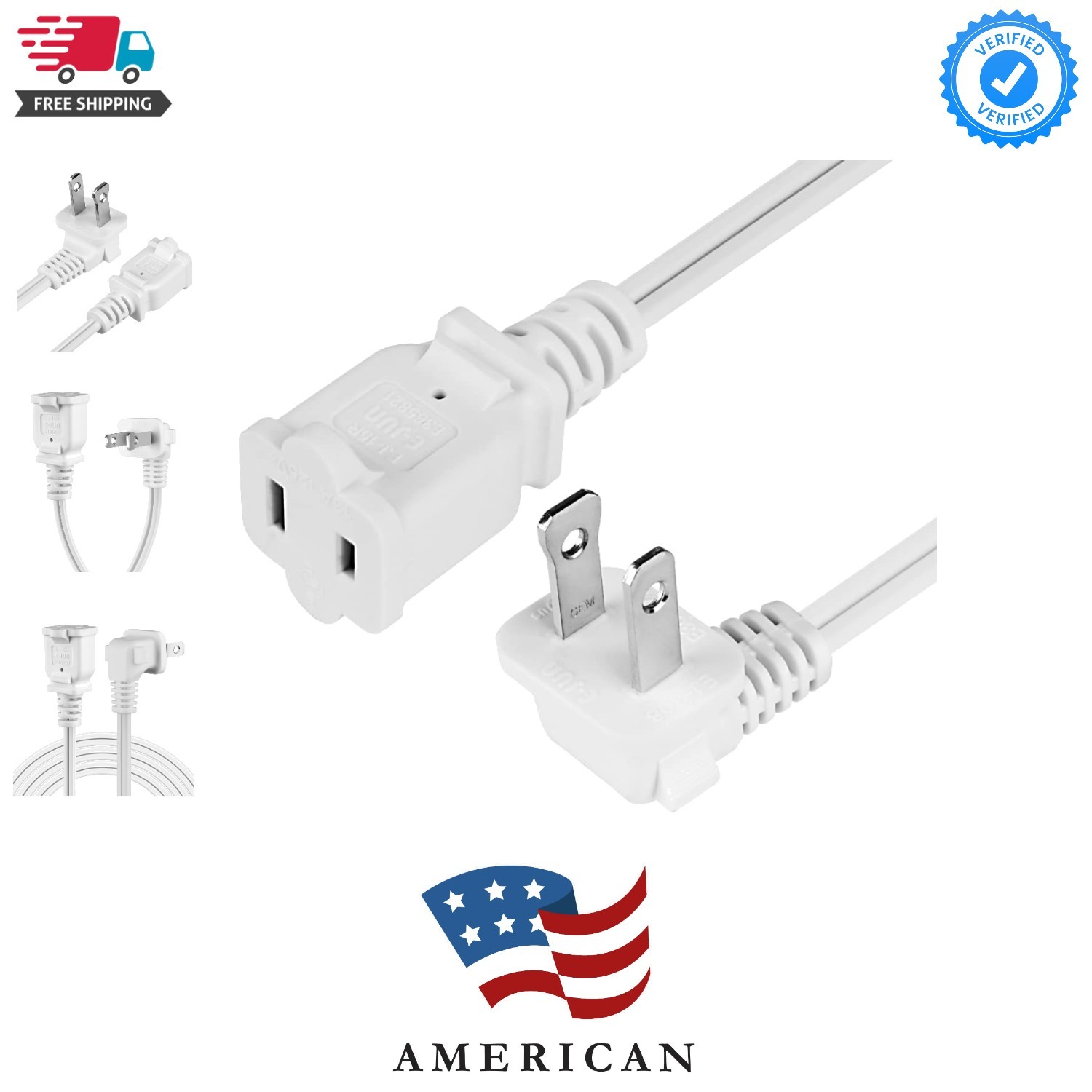 Right Angled Polarized  2-Prong Male-Female Extension Power Cord Cable, 2 Out...