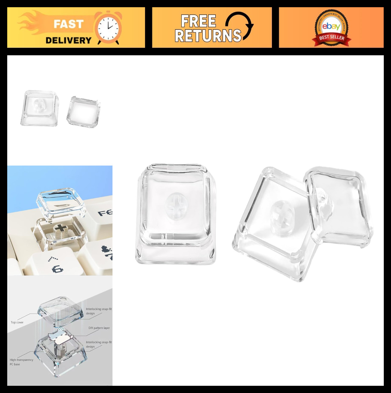 100Pcs Double-Layer Transparent Keycaps, Custom DIY Blank Covers for Mechanical
