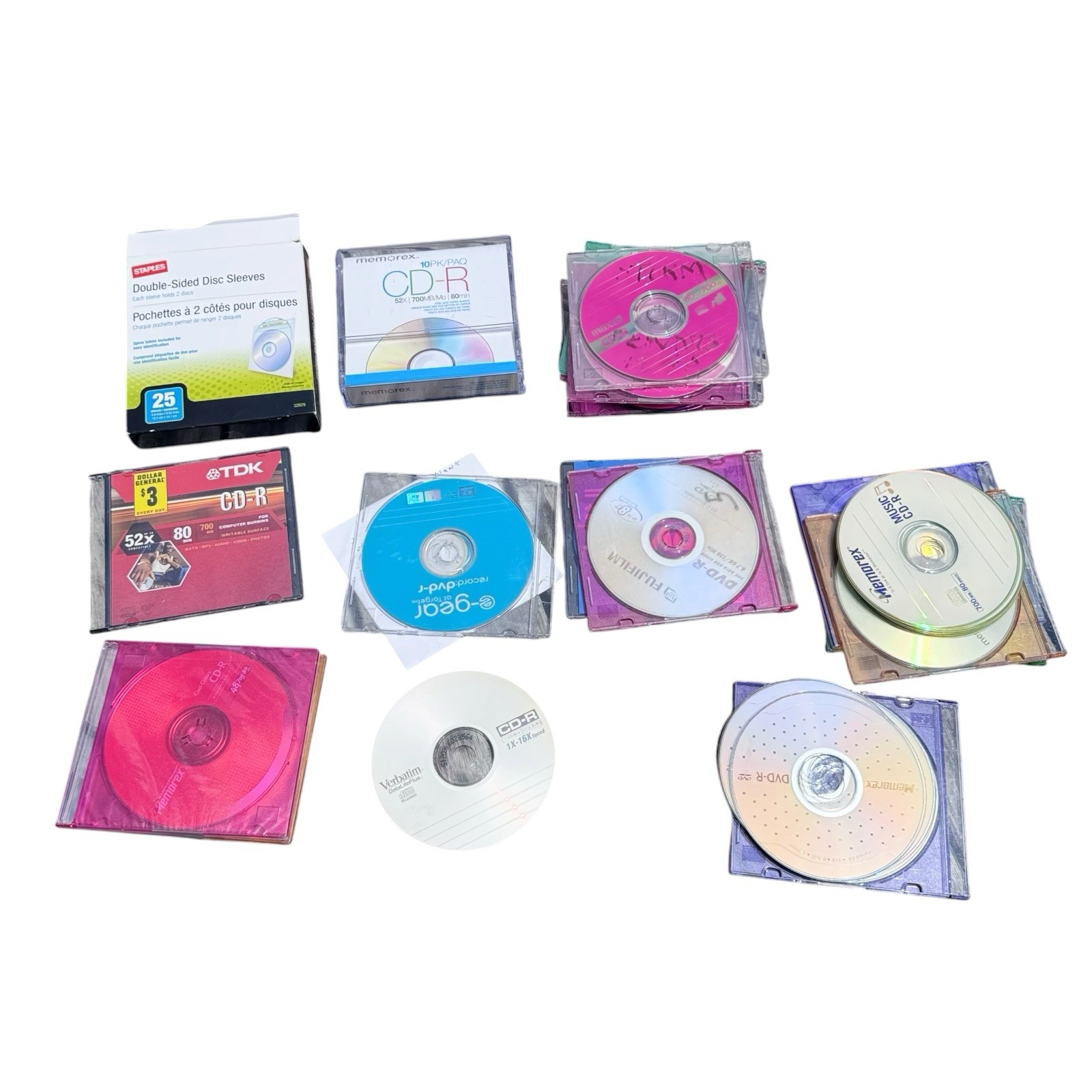 Blank CD-R DVD-R Lot 34 Discs Memorex TDK Verbatim Fujifilm Maxell + Sleeves