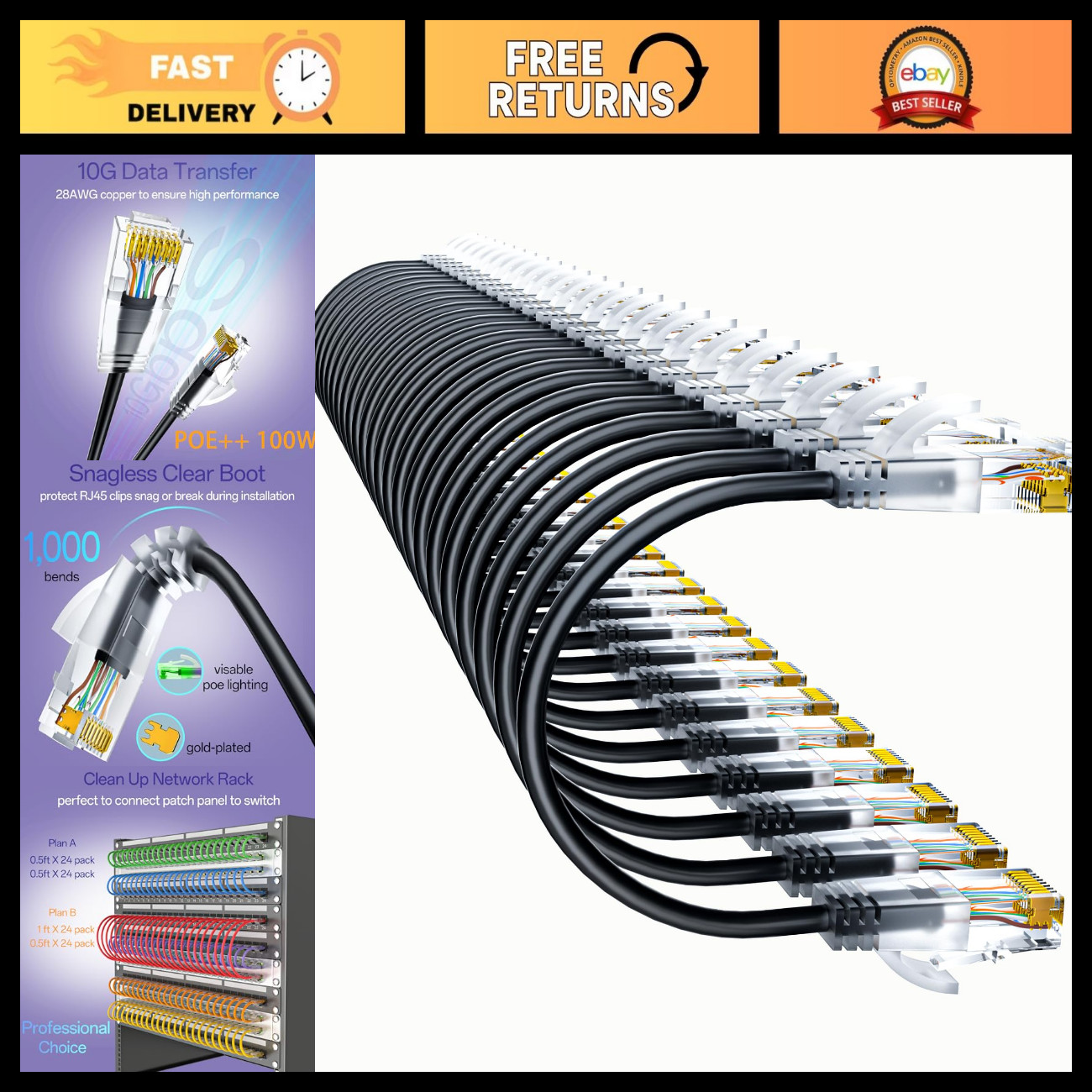 24 Pack 5ft Cat6a Ethernet Patch Cables - Slim, Flexible, Pure Copper, 10G, 550M