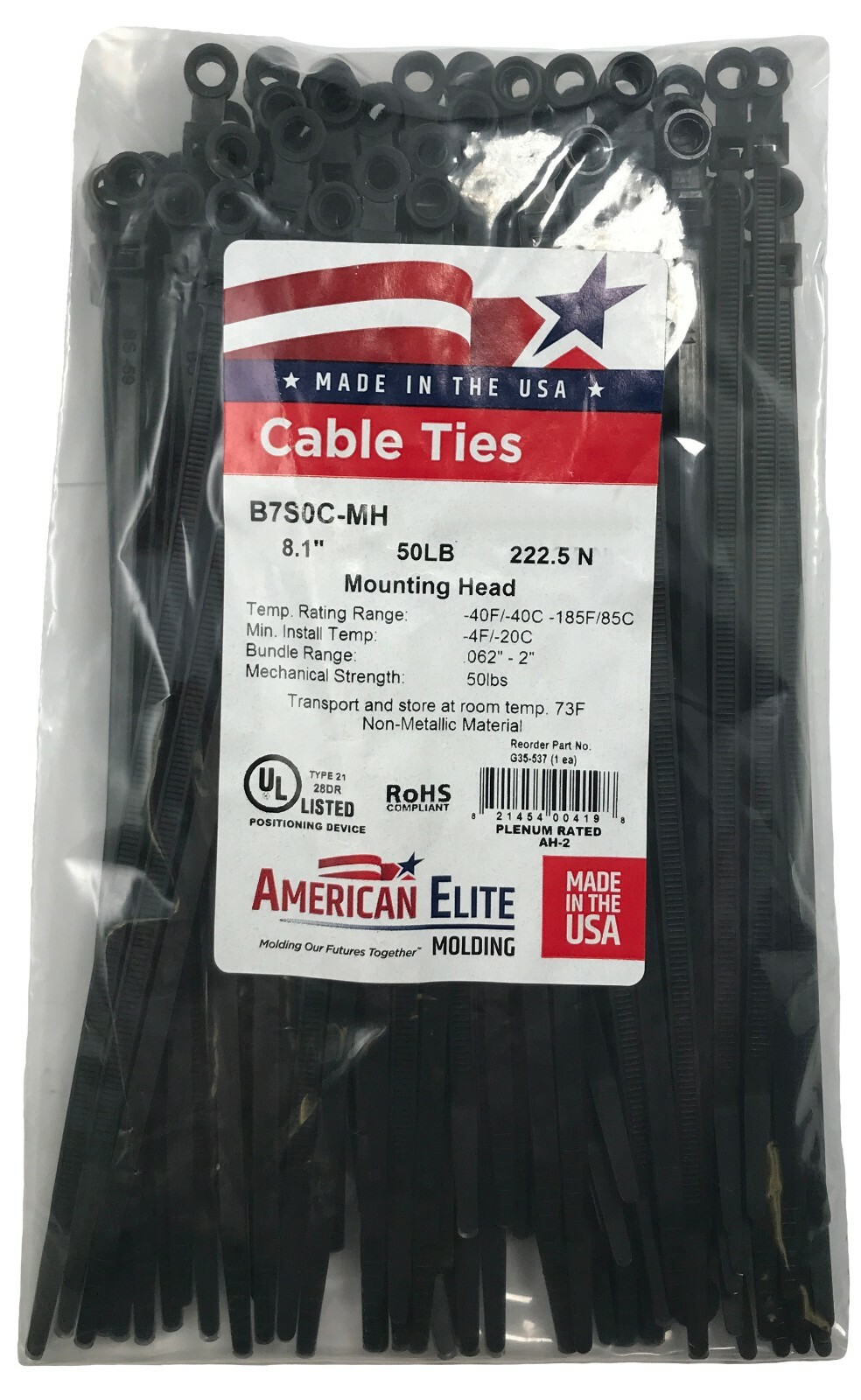 (100) Black Mounting Head Hole 8" Inch Nylon Cable Wire Wrap Zip Ties 50 LBS USA