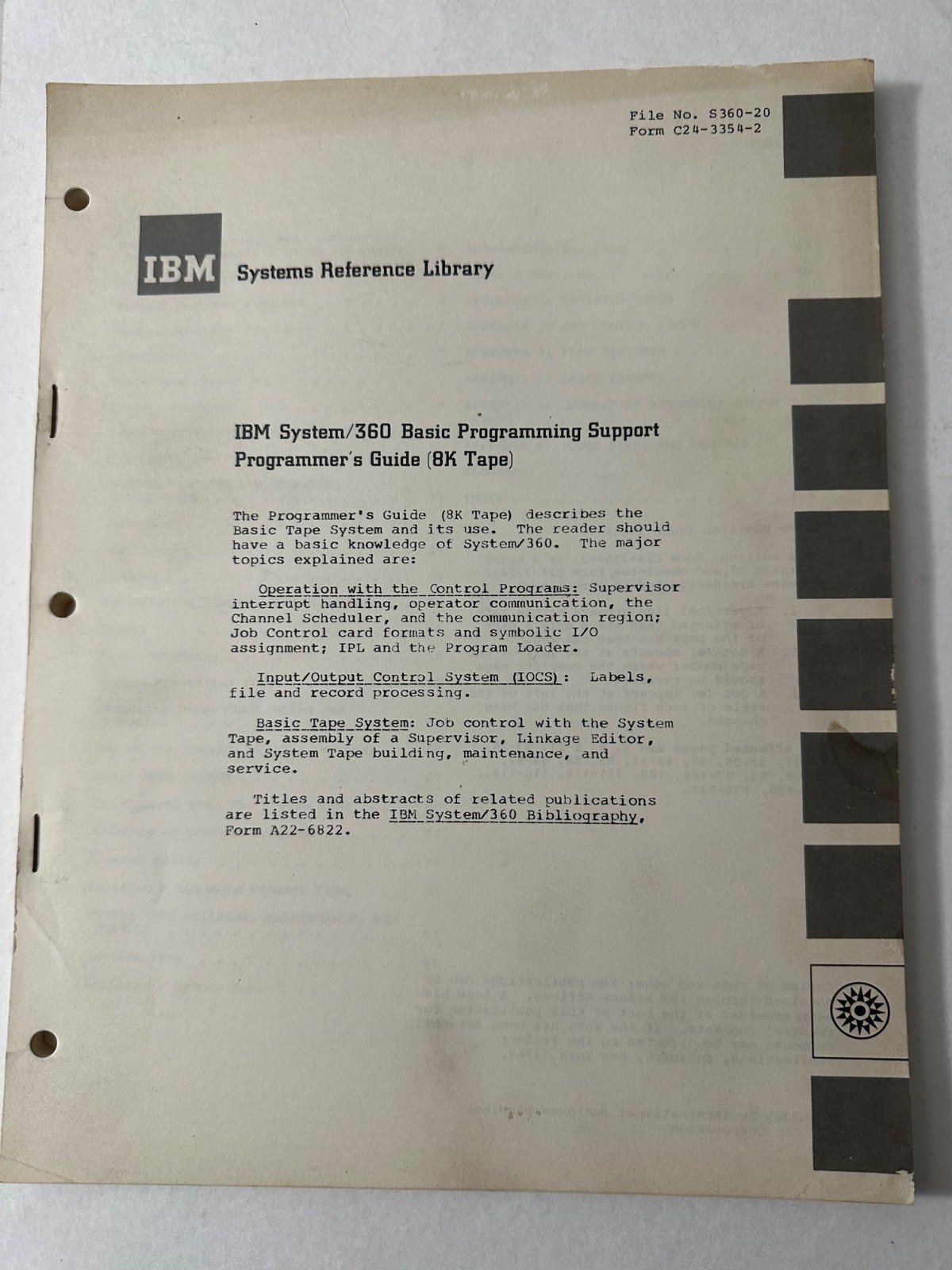 IBM SYSTEMS REFERENCE LIBRARY Orig 360 Basic Prog Support USER’S  GUIDE- 1965