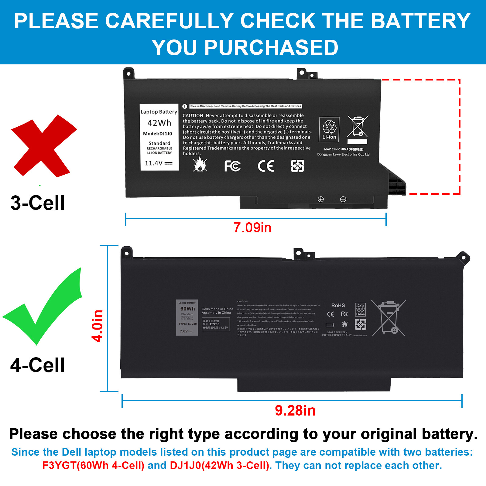 ✅LOT F3YGT Battery For Dell Latitude E7280 E7390 E7490 7380 7390 7480 7490 60Wh