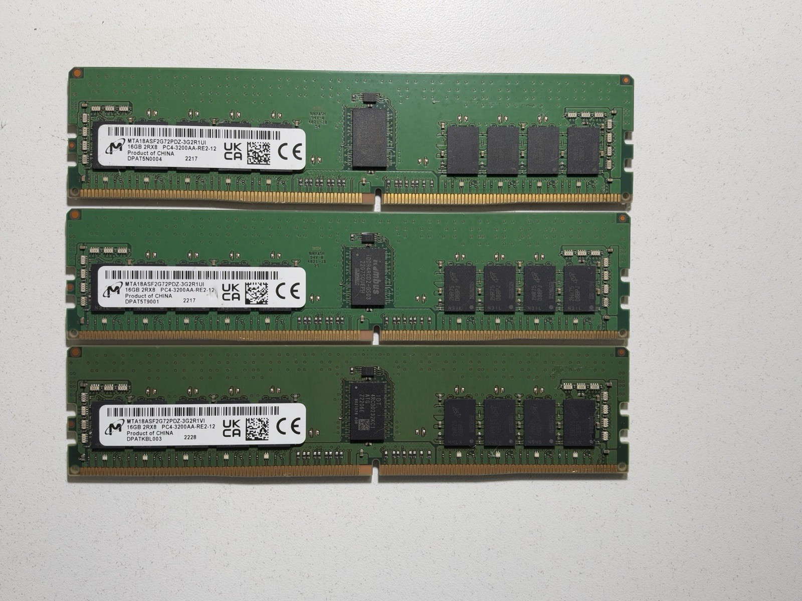 LOT OF 3 Micron 16GB 2Rx8 PC4-3200AA DDR4 ECC Server Memory