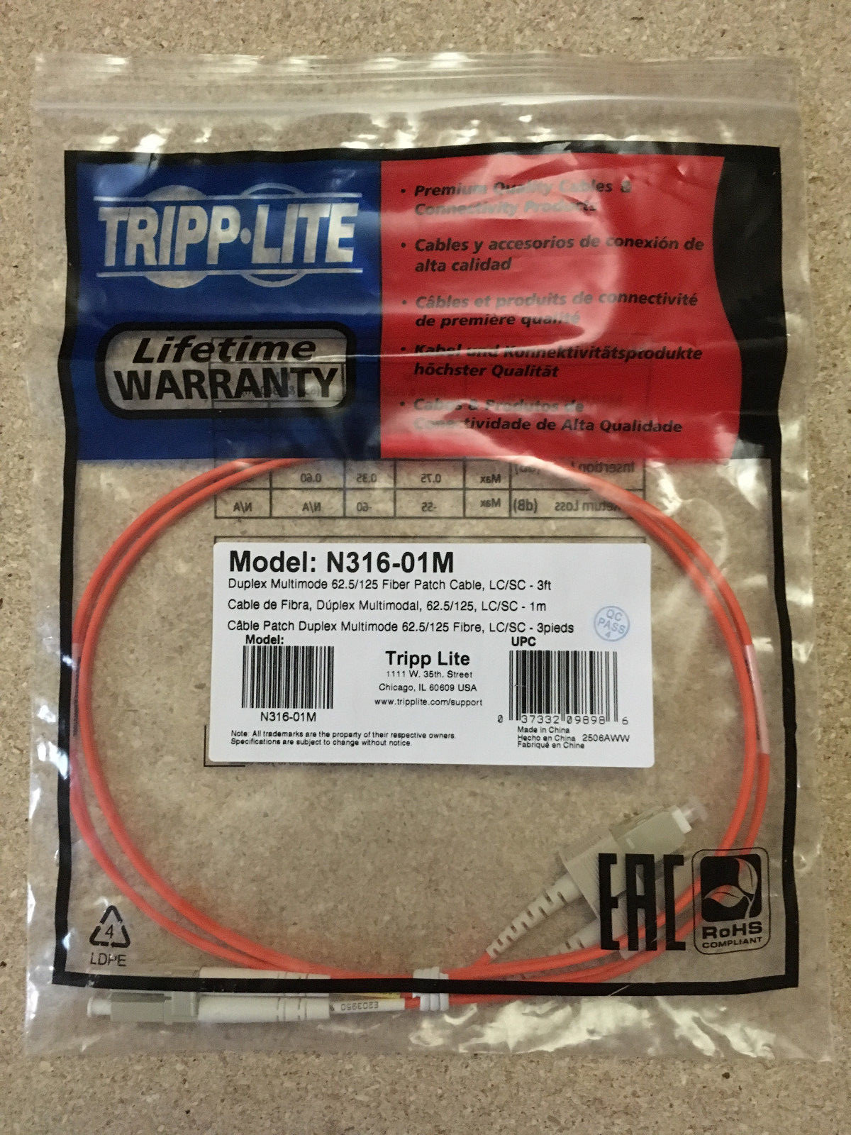 Tripp Lite Duplex Multimode Fiber Patch Cable LC-SC 3ft/1m (N316-01M)