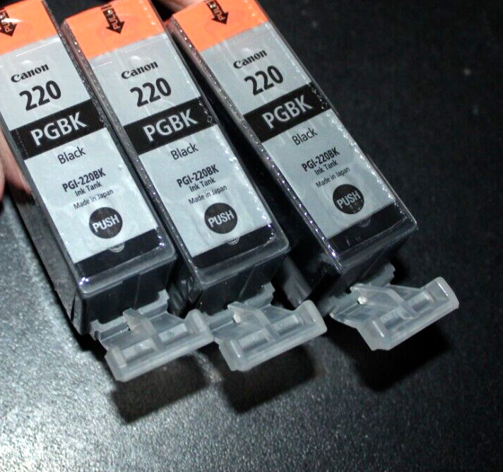 3 Canon Ink Lot 220 Genuine Black  3 Cartridges New PGI-220BK - YS1 -=