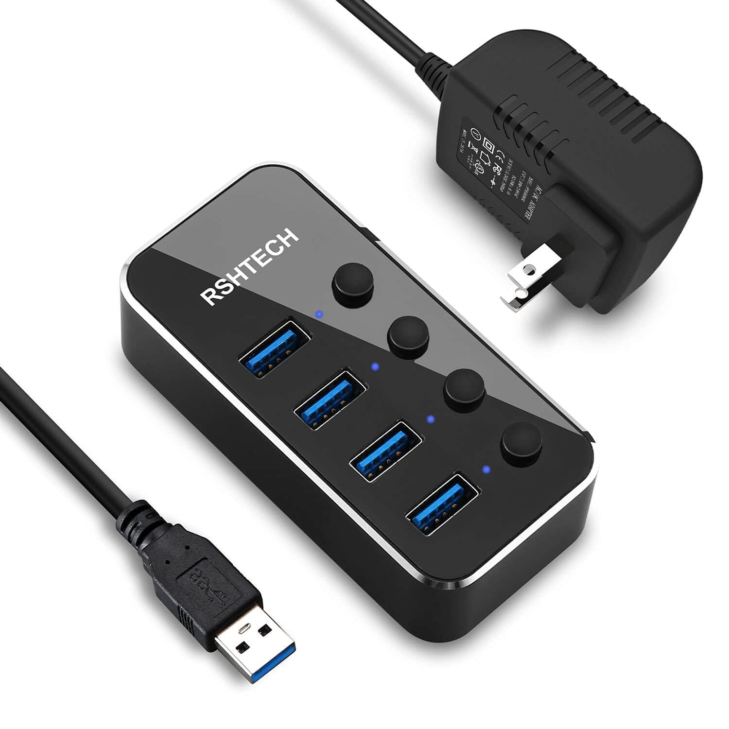 Powered USB Hub, RSHTECH 4 Port USB 3.0 Hub Splitter Portable Aluminum USB Da...