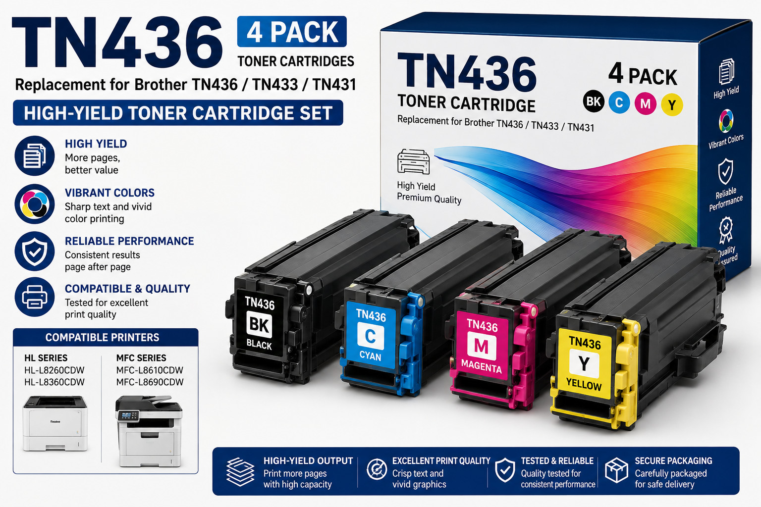 TN436 Toner 4-Pack for Brother HL-L8360CDW L8260CDW MFC-L8610CDW CMYK