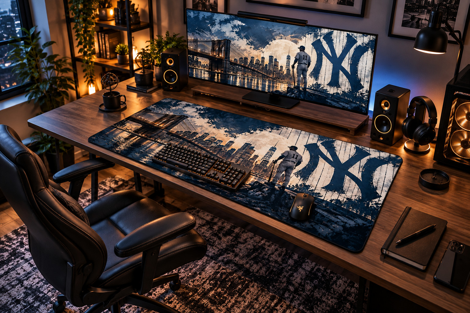 New York City Baseball Desk Mat, Skyline Bridge Extended Mouse Pad for Gaming