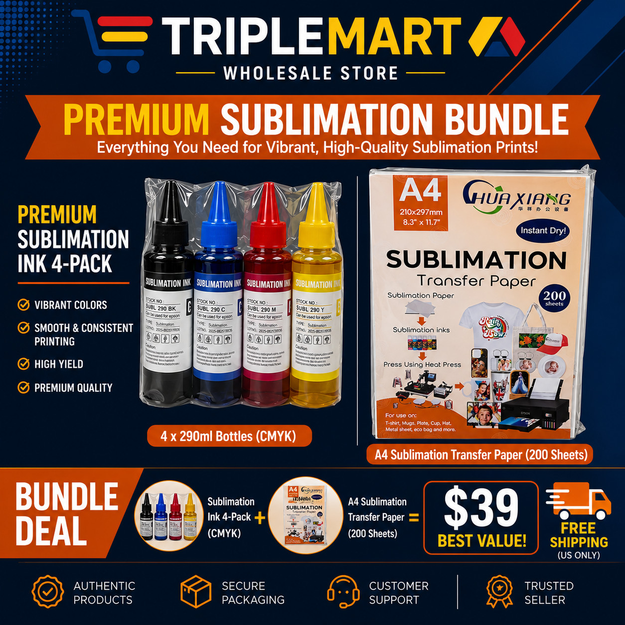 Sublimation Bundle CMYK Ink 4-Pack + A4 Transfer Paper 200 Sheets for Epson