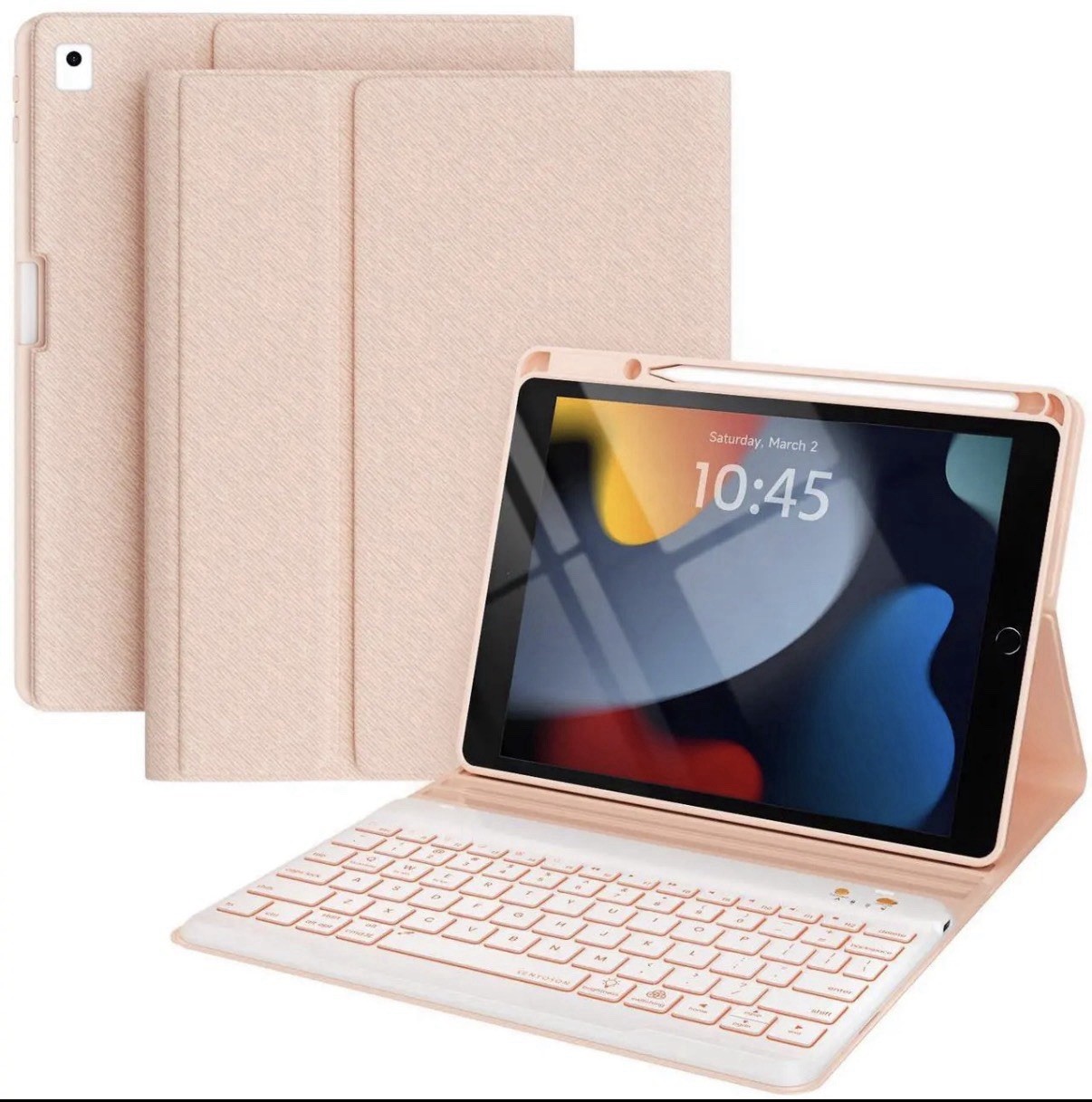 iPad Keyboard and Case w/ Pencil Holder, Detachable Wireless BT Keyboard – Pink