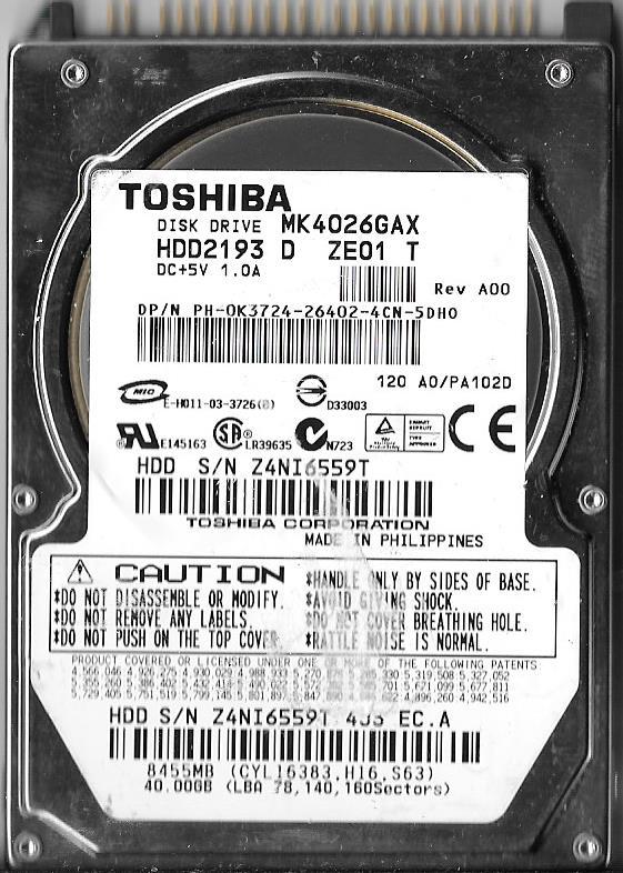 Toshiba MK4026GAX HDD2193 D ZE01 T 40GB IDE Hard Drive