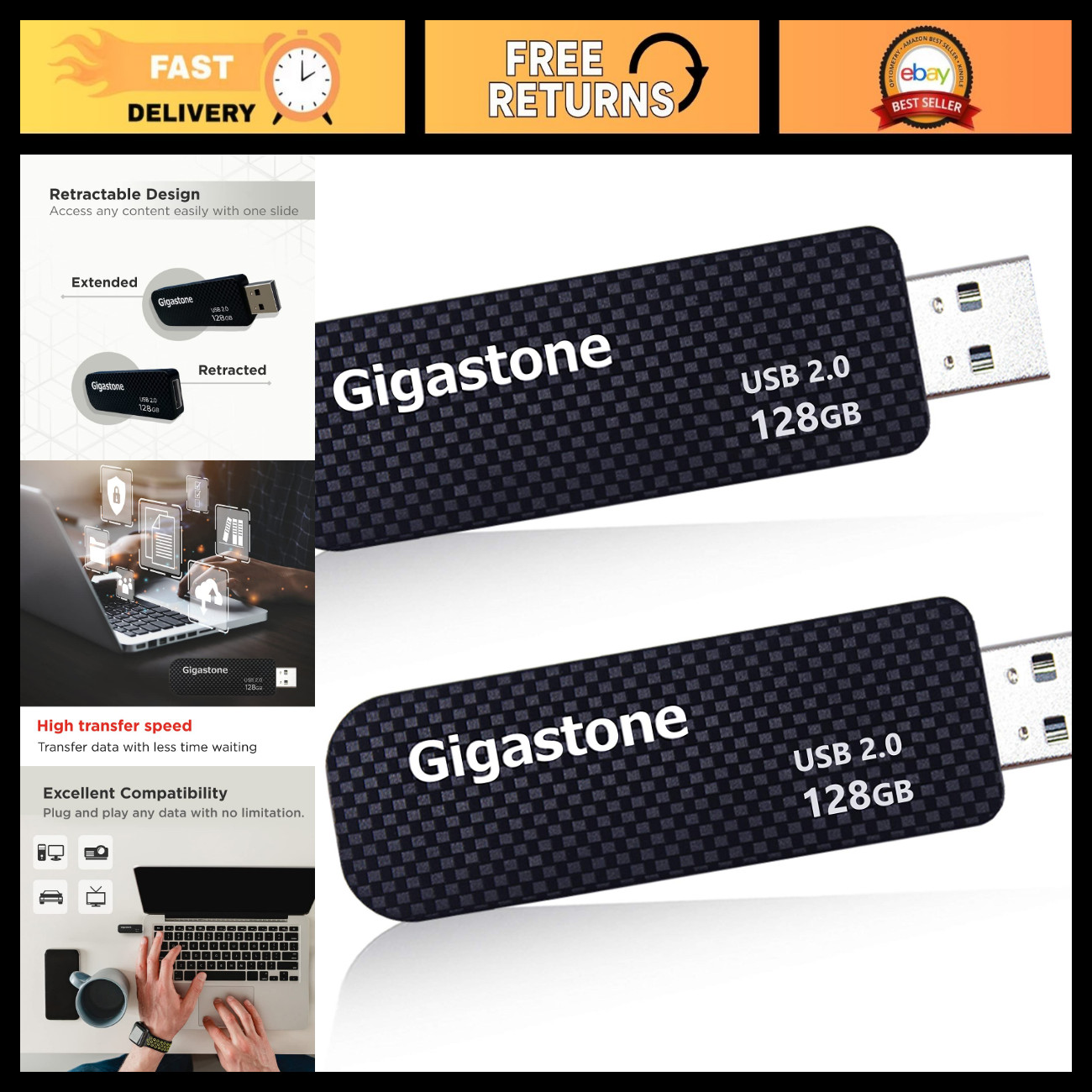 128GB USB 2.0 Flash Drive 2-Pack, Capless Retractable, Carbon Fiber, Durable Sto