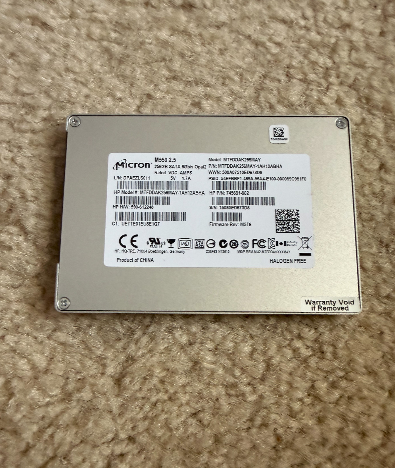 HP Micron M550 256GB 2.5" SED SATA SSD 745691-002 MTFDDAK256MAY