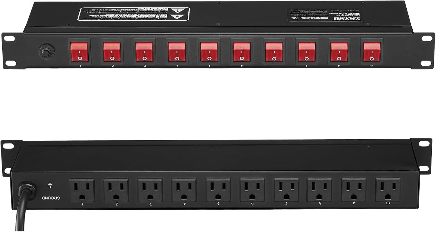 VEVOR 19" 1U PDU 10 Outlets Rack Mount Power Strip Surge Overload Protection