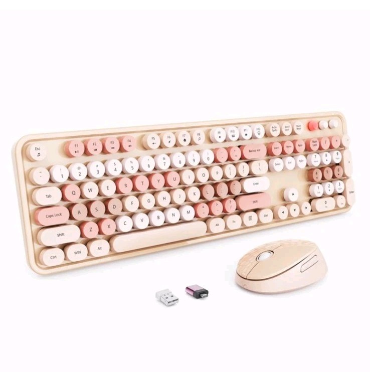 Wireless Keyboard and Mouse, Full-Size Typewriter Keyboard with Retro Round Keys