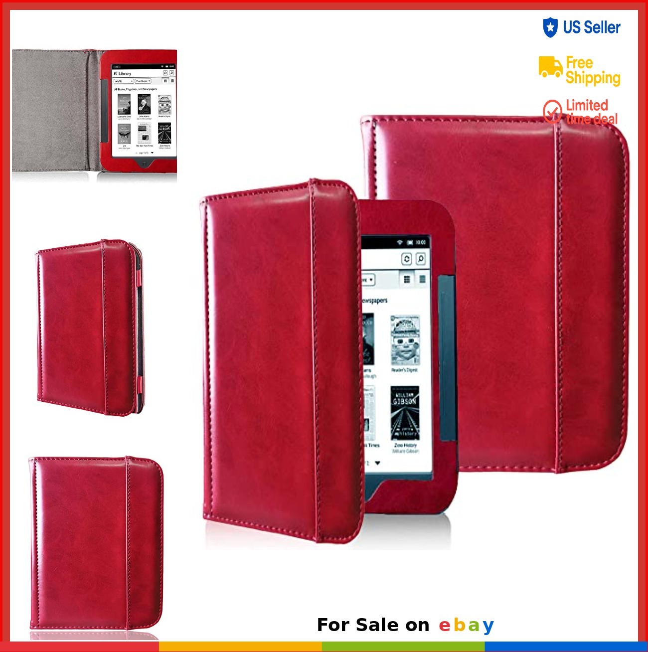 Folio Case for Nook Simple Touch Glowlight 6 Inch PU Leather Wine Red Magnetic