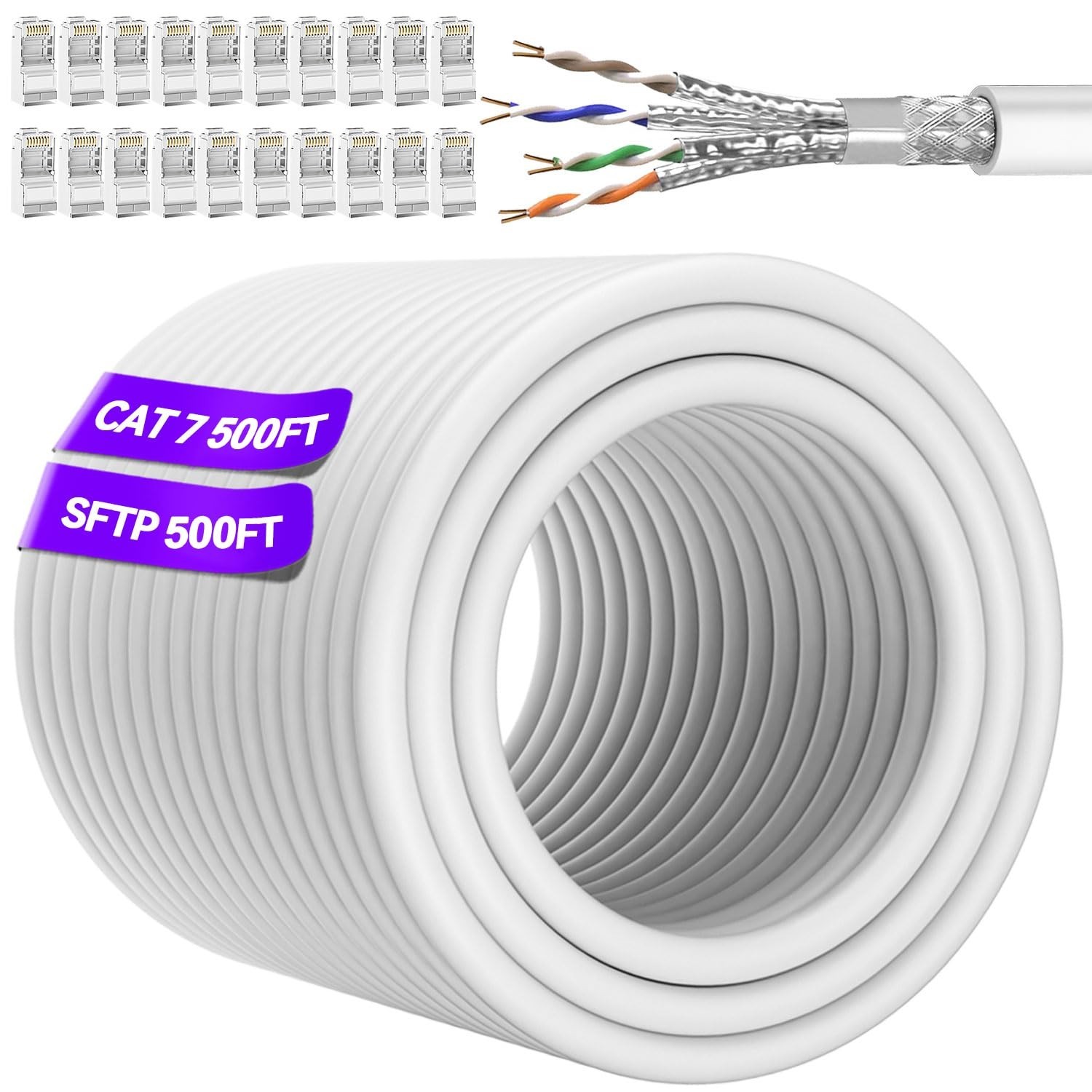Cat 7 Ethernet Cable 500ft Bulk (20 RJ45), Outdoor & Indoor, SFTP 500FT, White