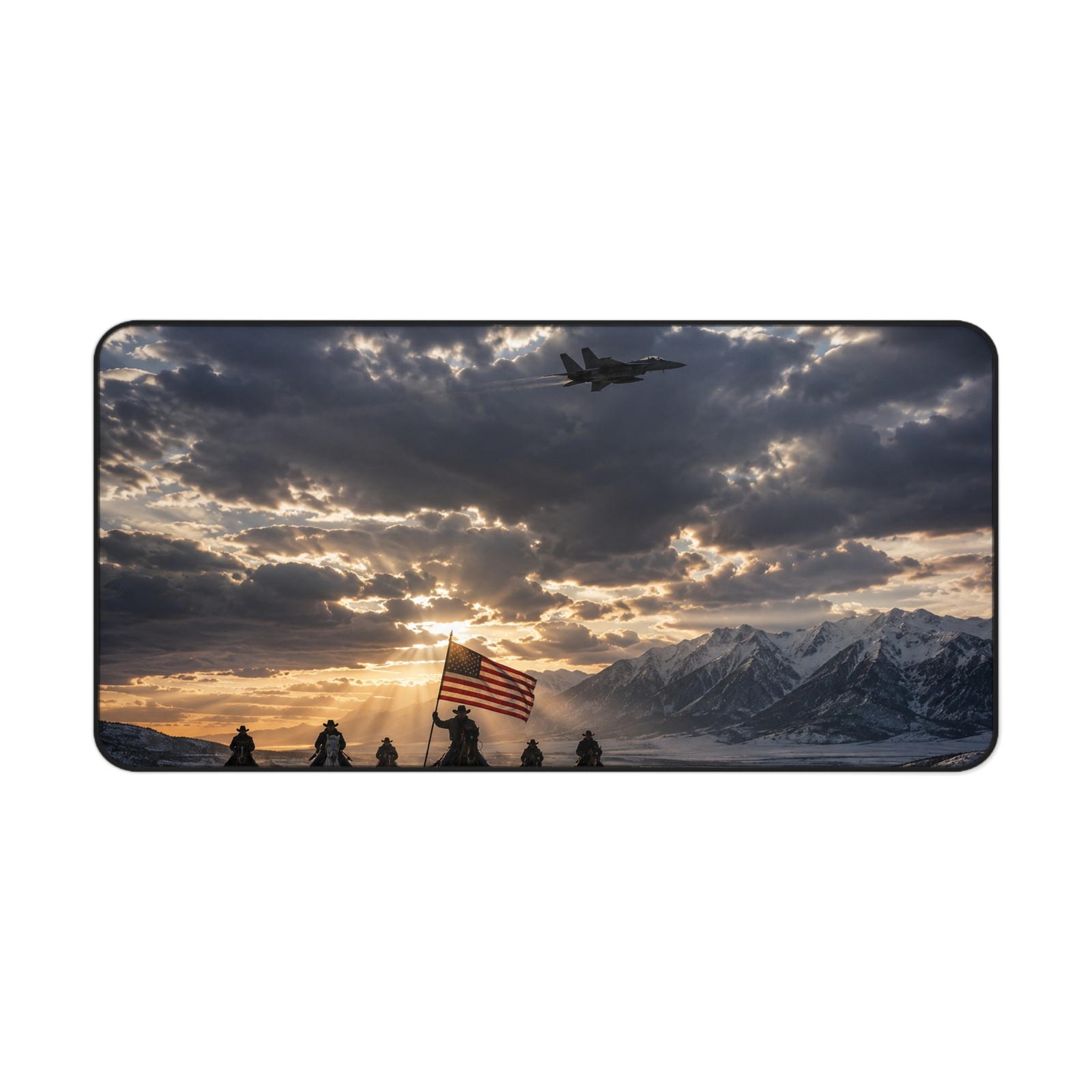 American Flag Cowboys Fighter Jet Mountain Sunset Desk Mat XL Mouse Pad