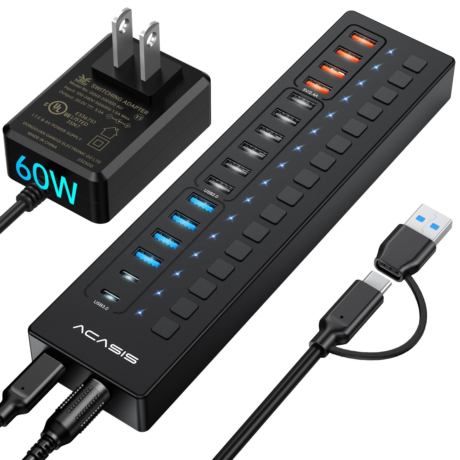Powered USB 3.0 Hub, 16 Port USB Hub Powered(Include 2*USB C 3.0+4 Smart Char...