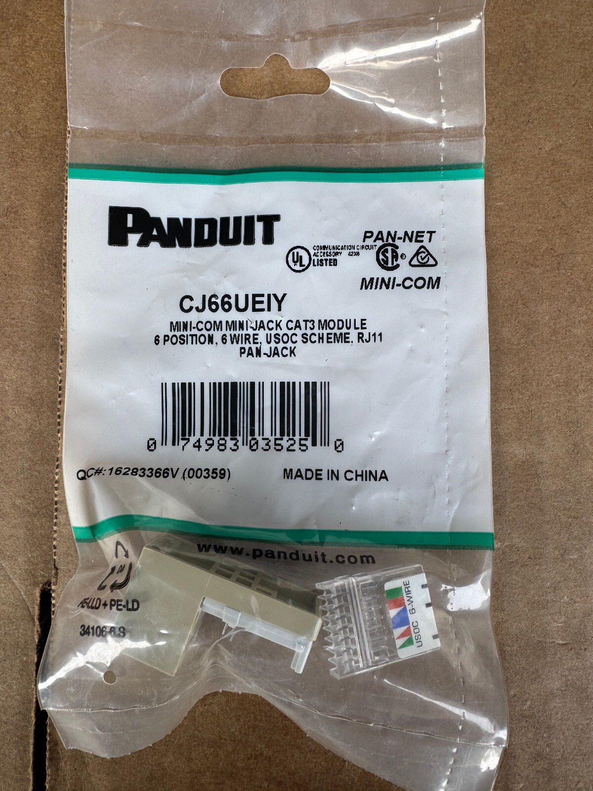 Panduit CJ66UEIY Mini-Comm Cat3 Module, 6 Position, 6 Wire New in Sealed Package
