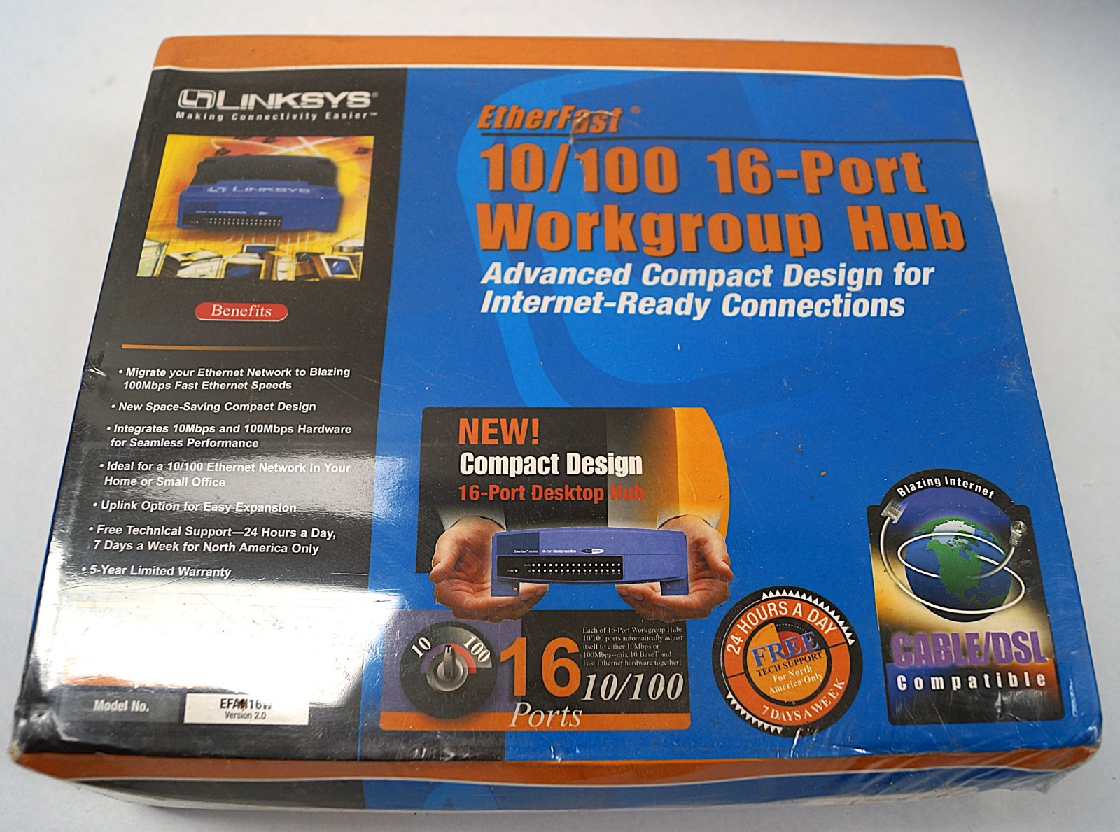 LINKSYS EFAH16W EtherFast 10/100 16-Port Workgroup Hub Internet Ready NEW F152