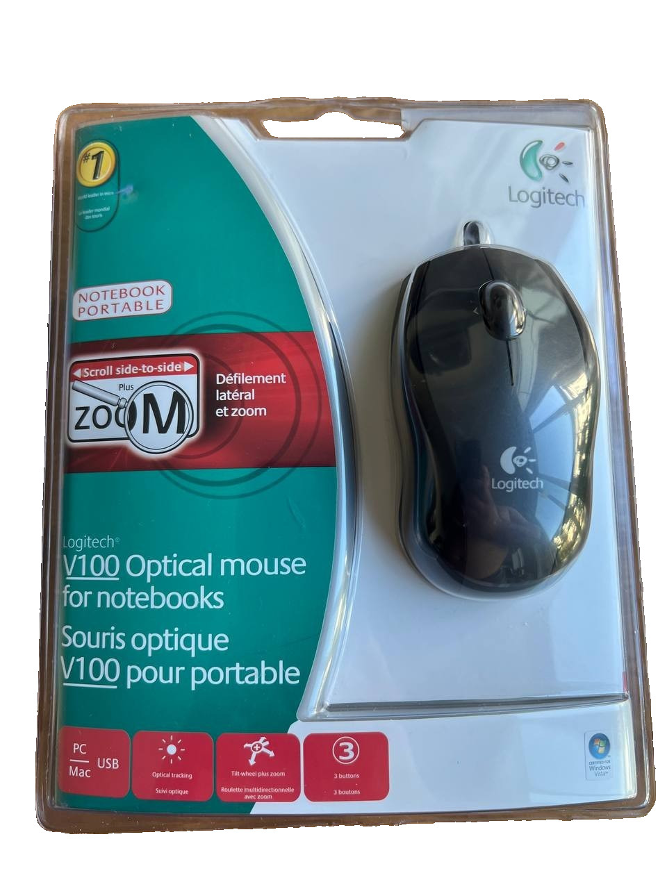 Logitech V100 3-Button USB Optical Mouse Tilt Wheel Plus Zoom Black/Gray - NEW