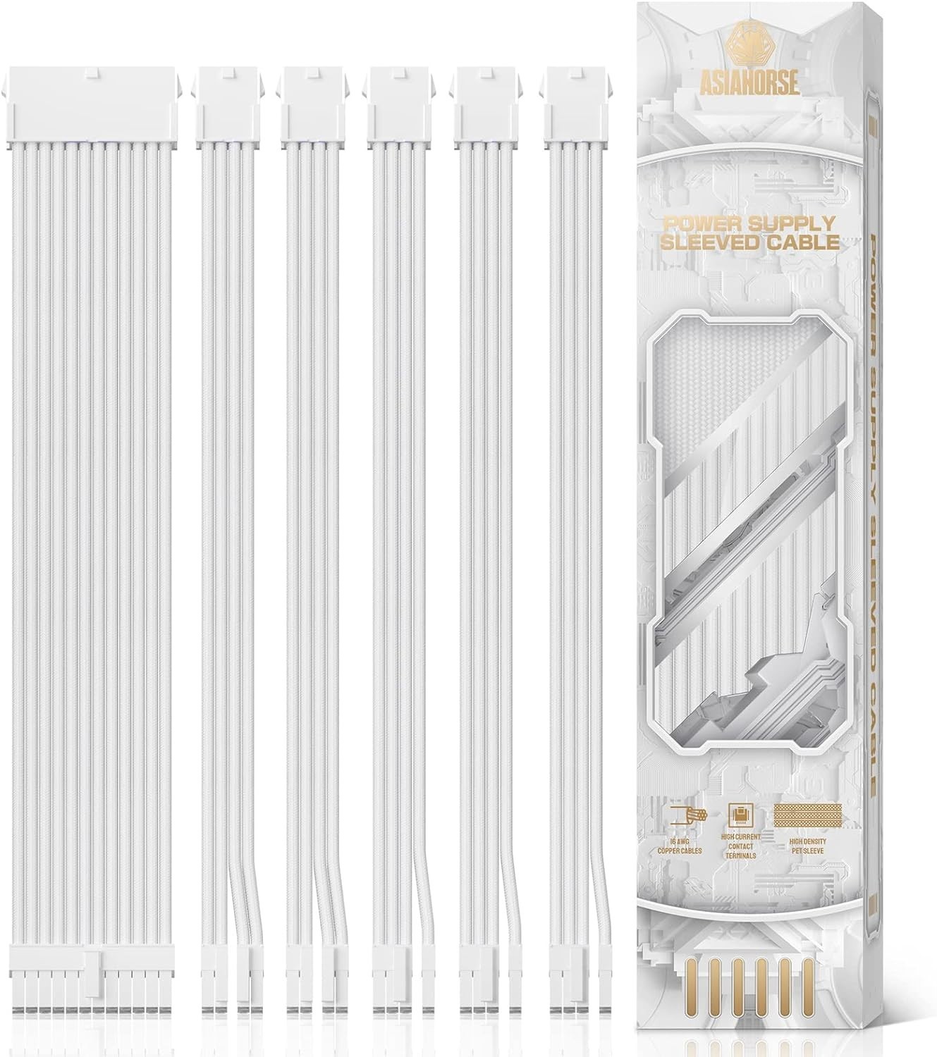 AsiaHorse 16AWG PSU Cable Extension 6 Piece Kit White SNOW 24Pin EPS PCIe 30cm