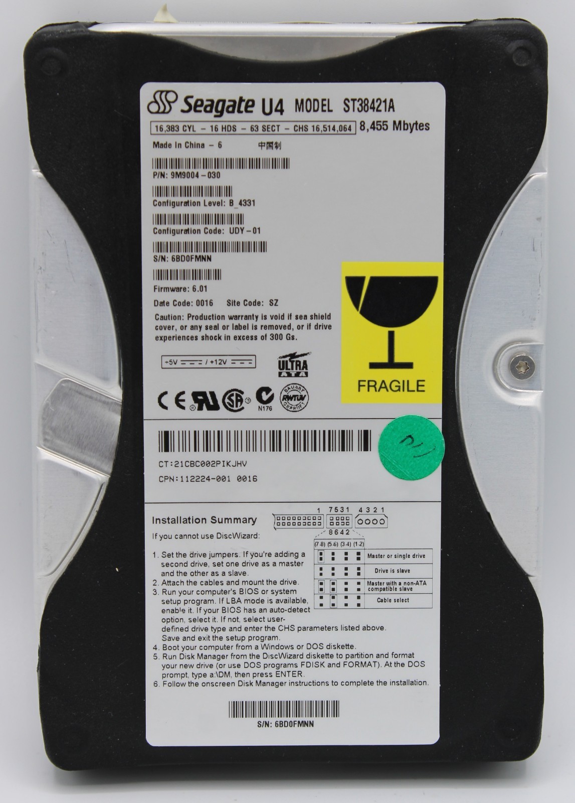 Vintage Seagate Hard Drive Model ST38421A 8.25GB P/N 9M9004-030 FW: 6.01 clean