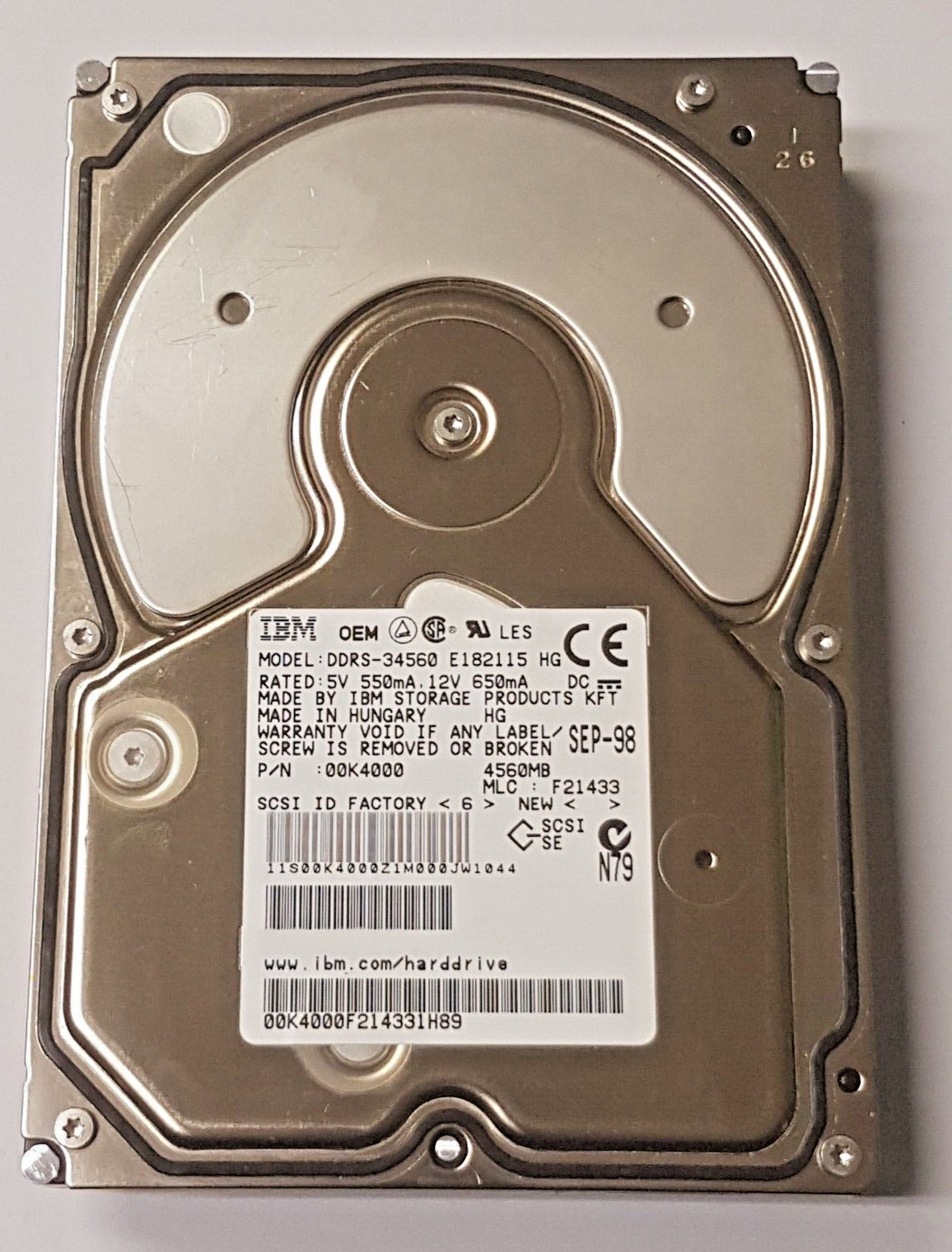 4.5GB IBM OEM DDRS-34560 PN 00K4000 SCSI II 68-Pin 7.2K 512KB 3.5" Hard Drive