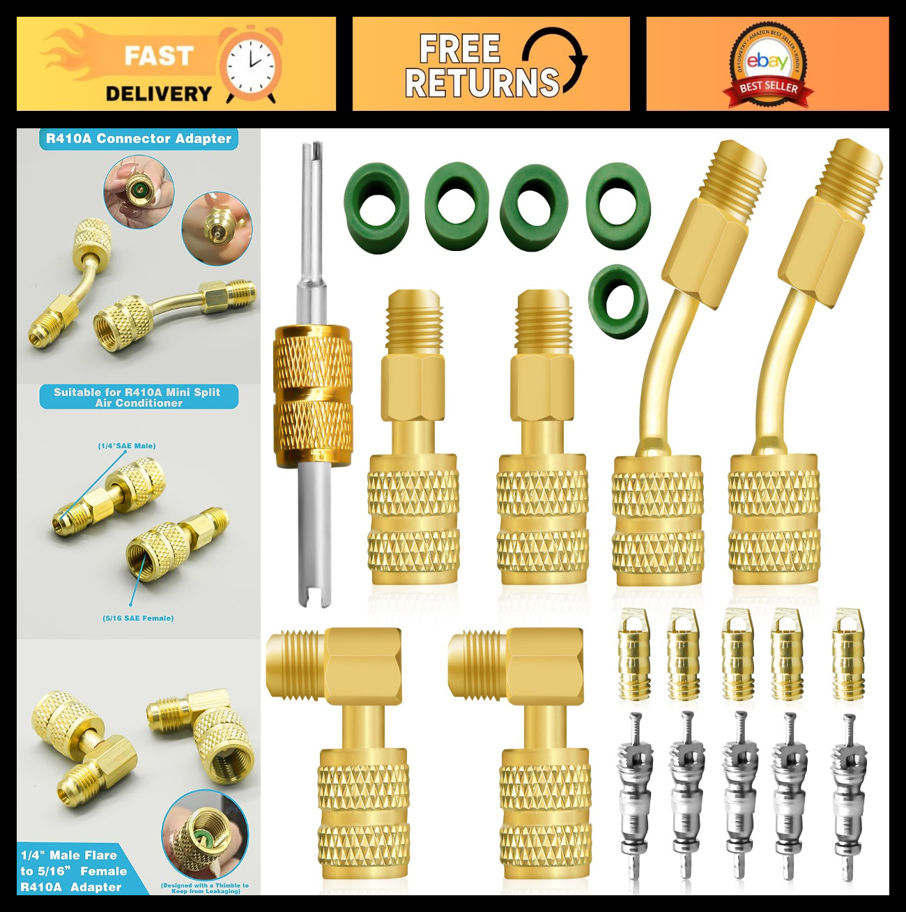 R410A Mini Split Adapter Kit, 5/16 to 1/4 Coupler, Refrigerant Hose Connector &