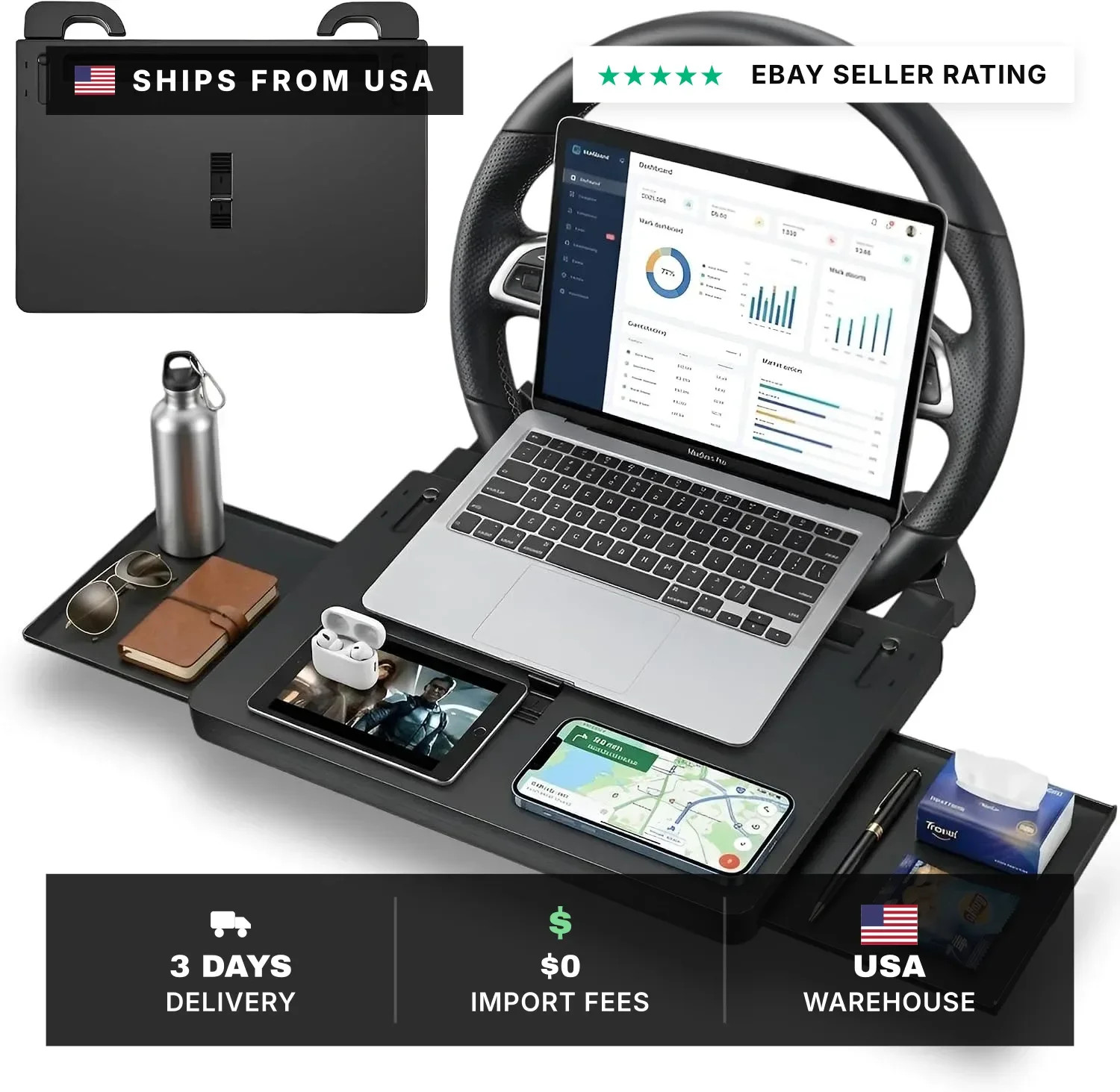 2-in-1 Extendable Steering Wheel Tray with Drawer Anti Slip Protective Adhesive
