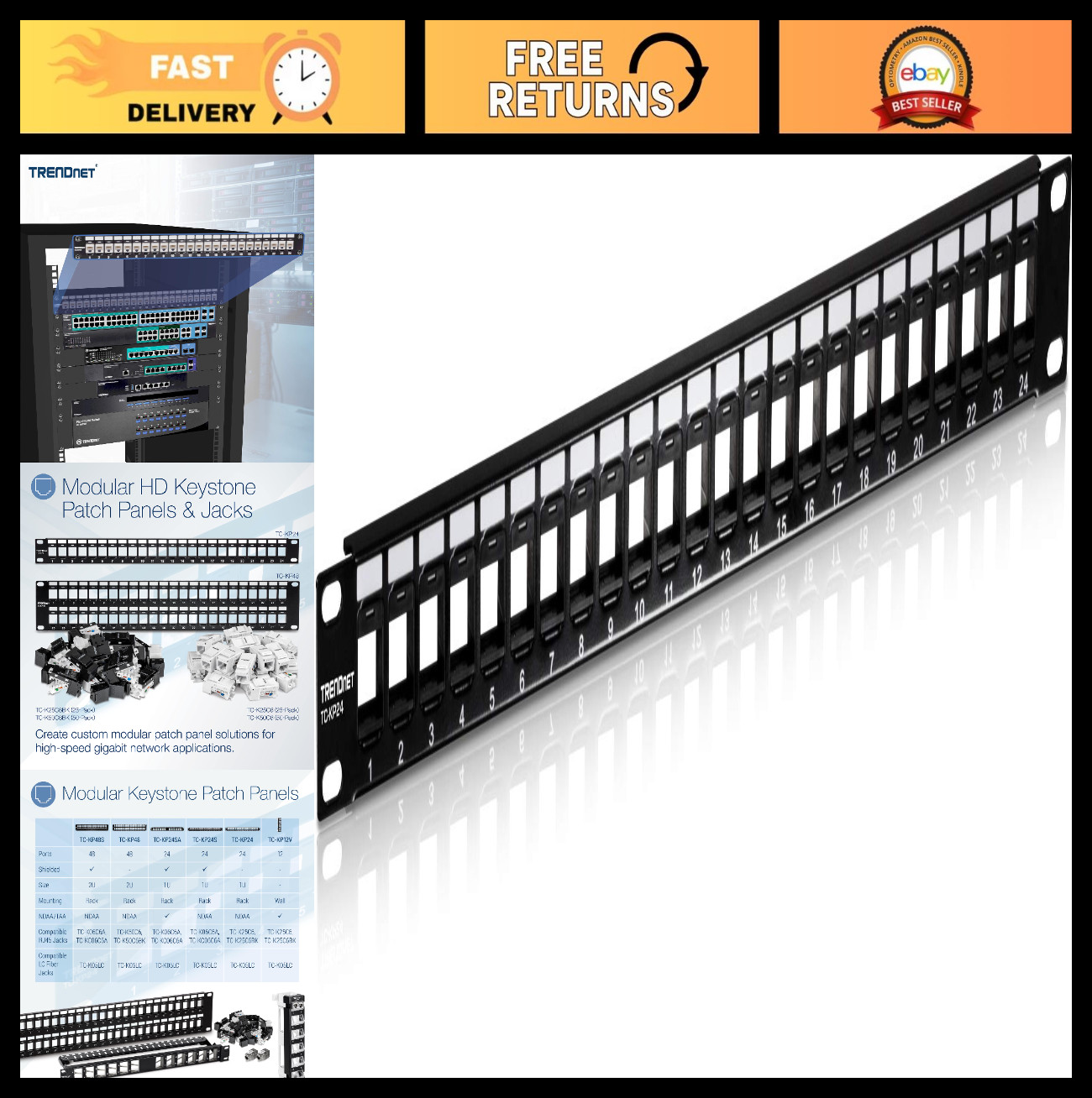 24-Port Blank Keystone Patch Panel 1U Rackmount, Metal Housing for Cat6 Jacks, B