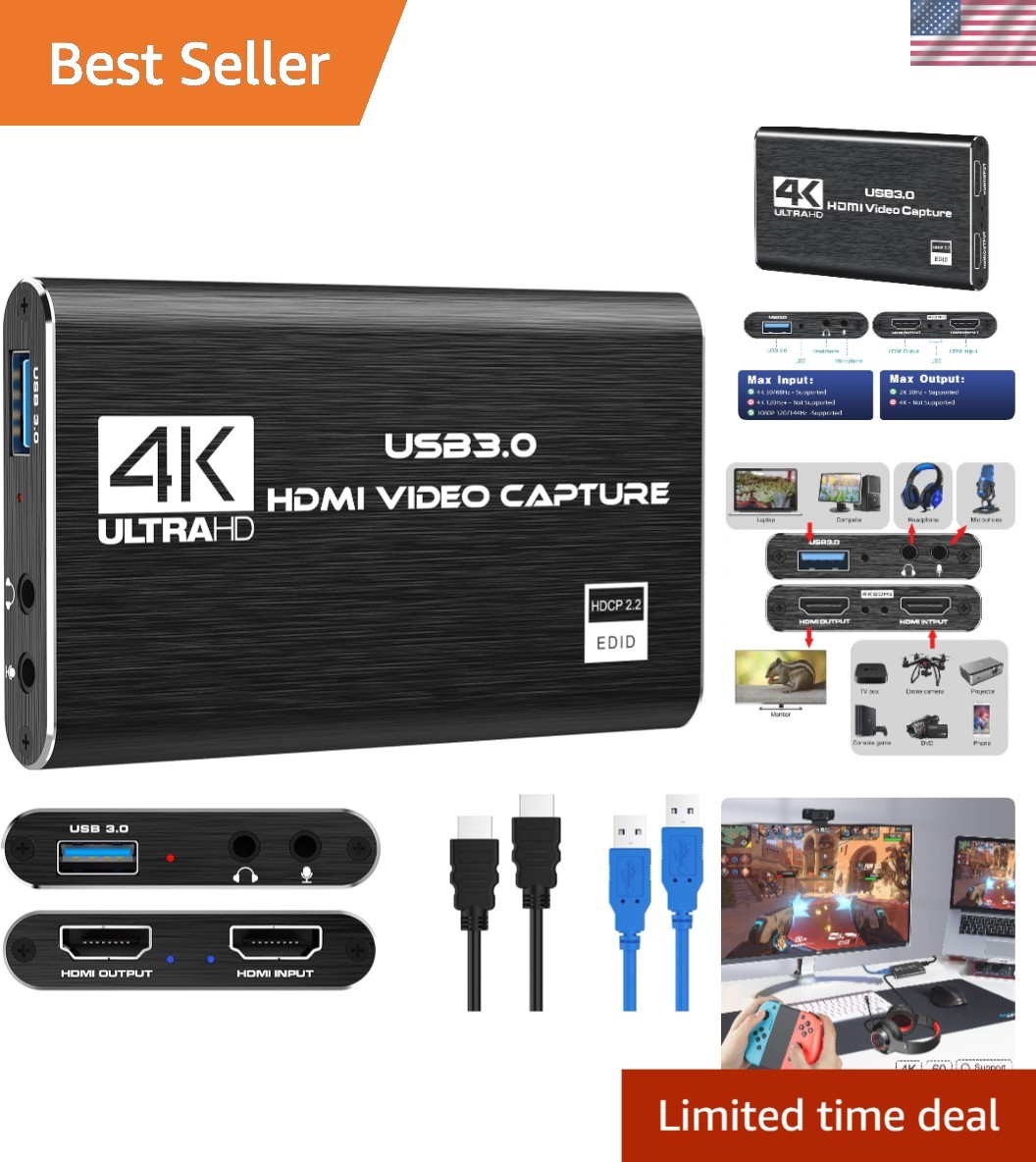 Compact 4K Video Capture Card with Audio Support - Perfect for Gamers & Creators