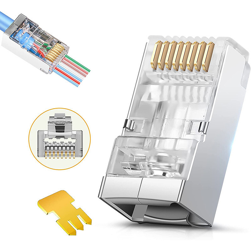 100pcs Shielded RJ45 Cat6/6A Pass Through Connector 3Prong 8P8C Gold Plated Plug