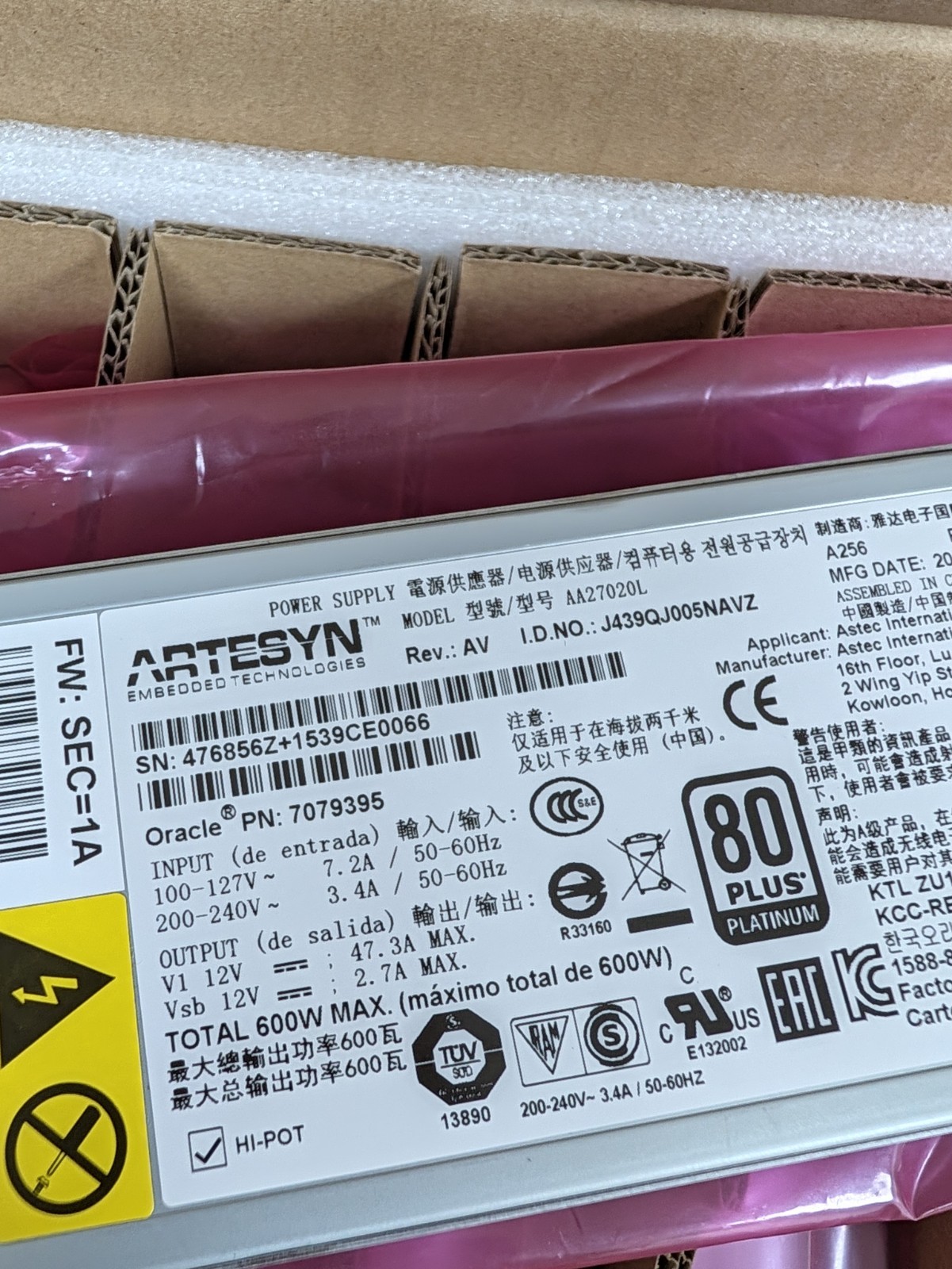 Lot Of 7 Sun Oracle 7079395 ARTESYN AA27020L 80 PLUS 600W Hot Plug Power Supply