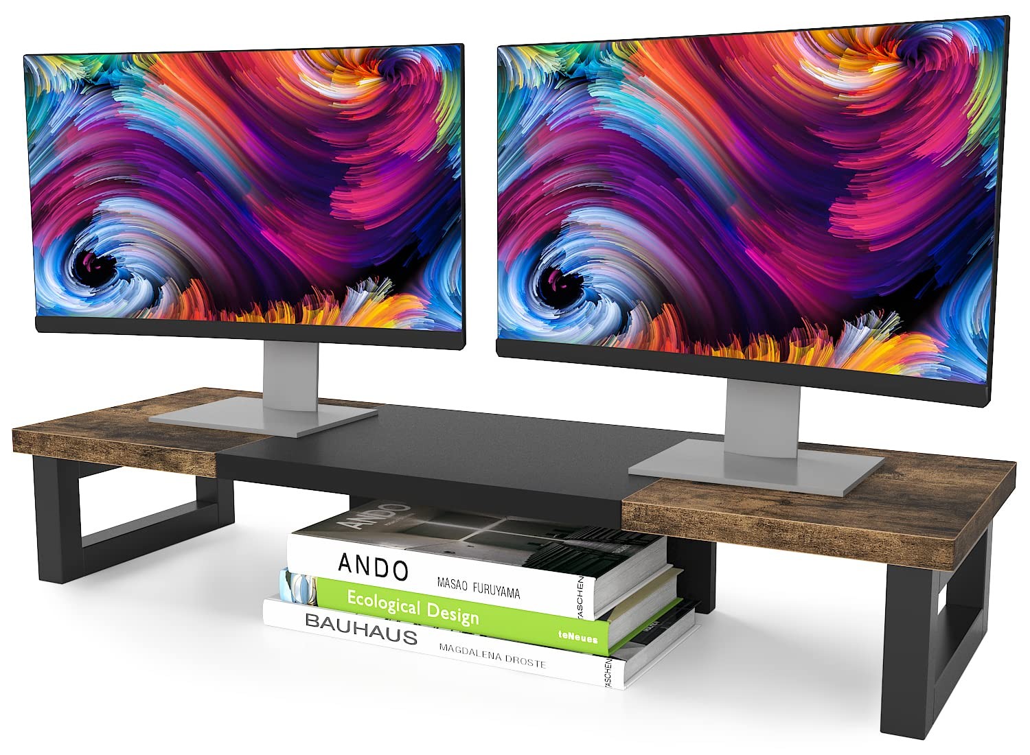 WESTREE Dual Monitor Stand Riser, Wood and Steel Large, Rustic Brown