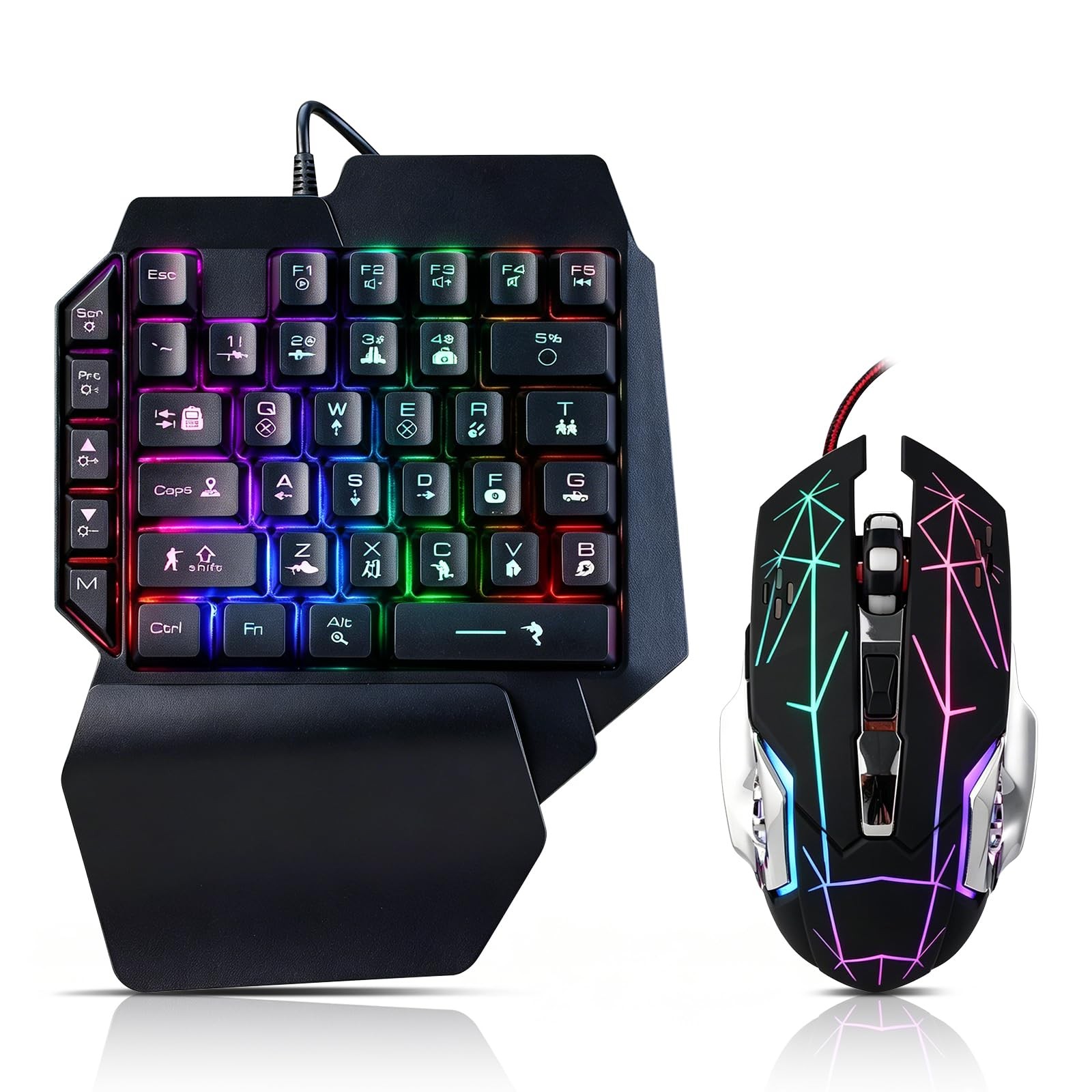 Wired One Handed Gaming Keyboard Mouse Combo Rainbow LED 39 Key Ergonomic Black